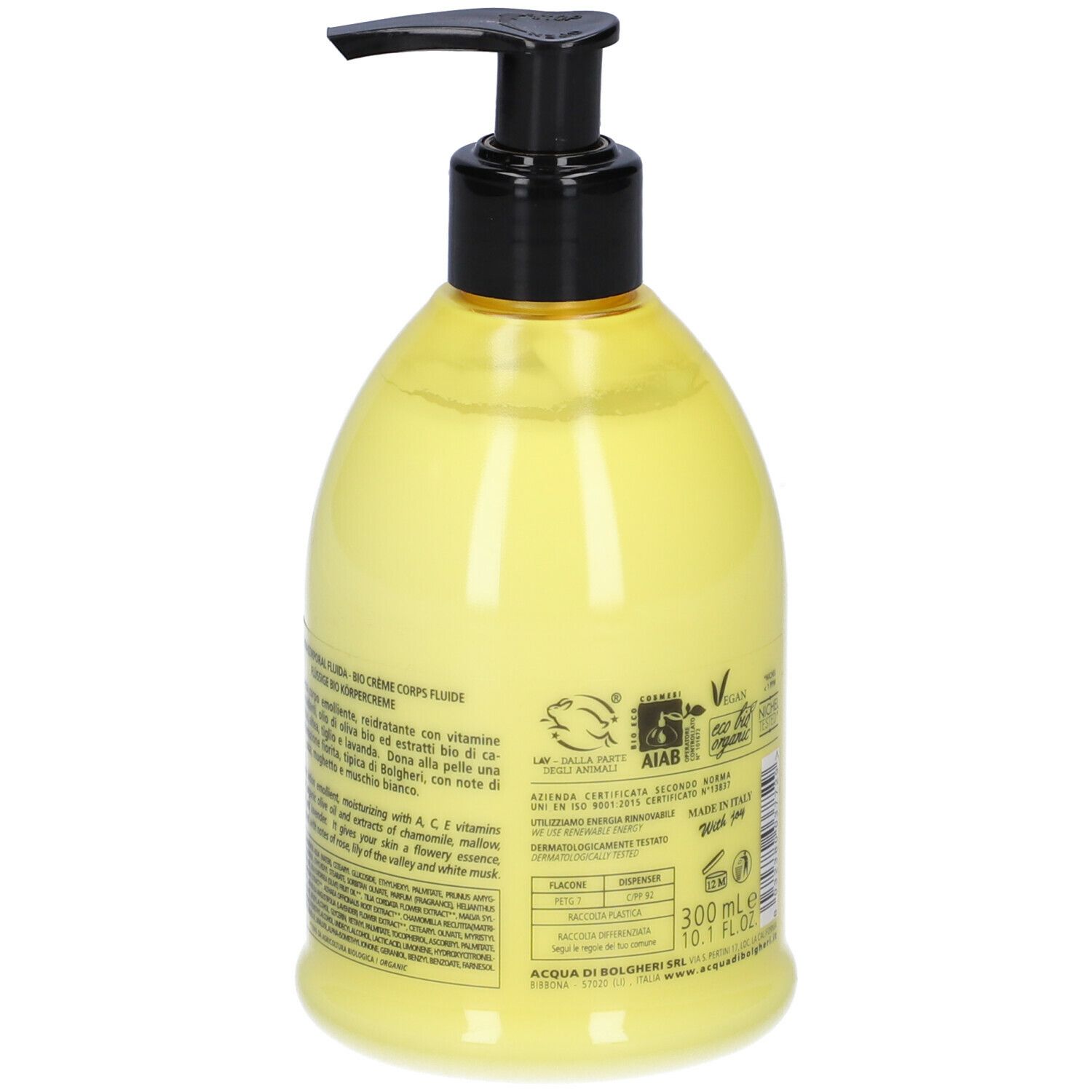 Flacone giallo con erogatore nero. Etichette informative. Certificazione AIAB.