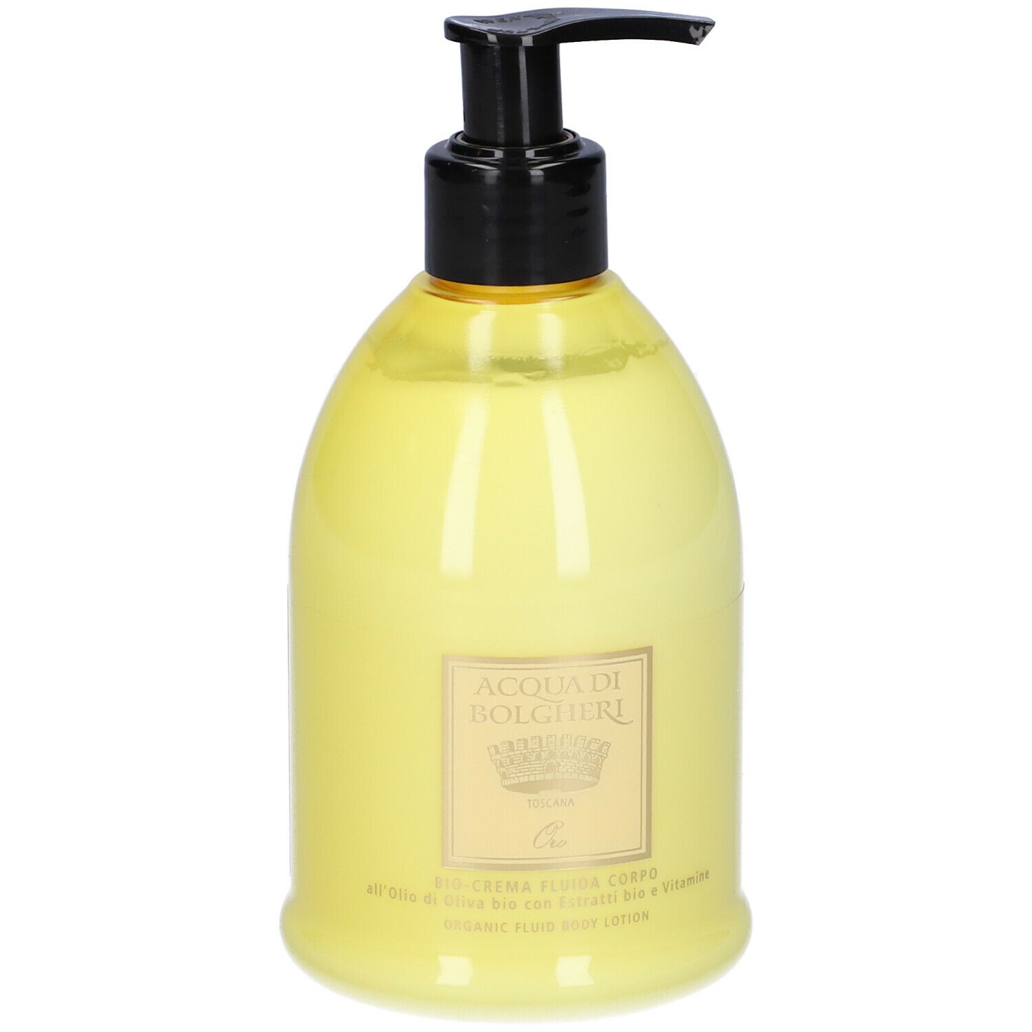 Flacone giallo con erogatore nero. Scritta: ACQUA DI BOLGHERI. Bio-crema Fluida Corpo.