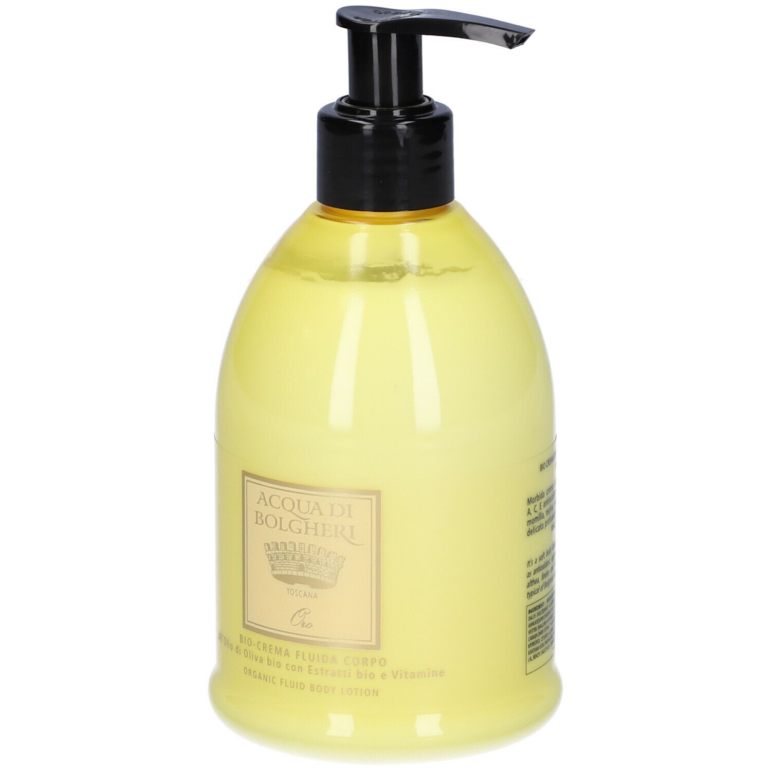 Flacone giallo con erogatore nero. Scritta: ACQUA DI BOLGHERI. Bio-crema Fluida Corpo.