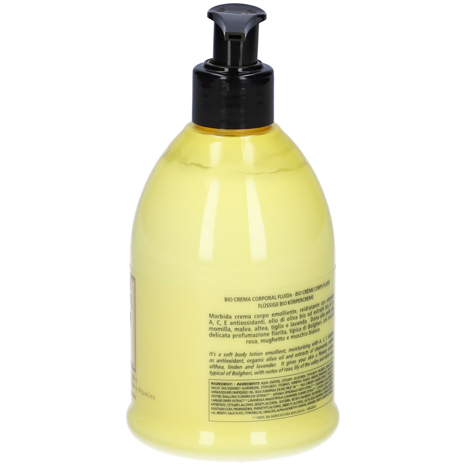 Flacone giallo con erogatore nero. Testo sull'etichetta: Bio-crema Fluida Corpo. Ingredienti.