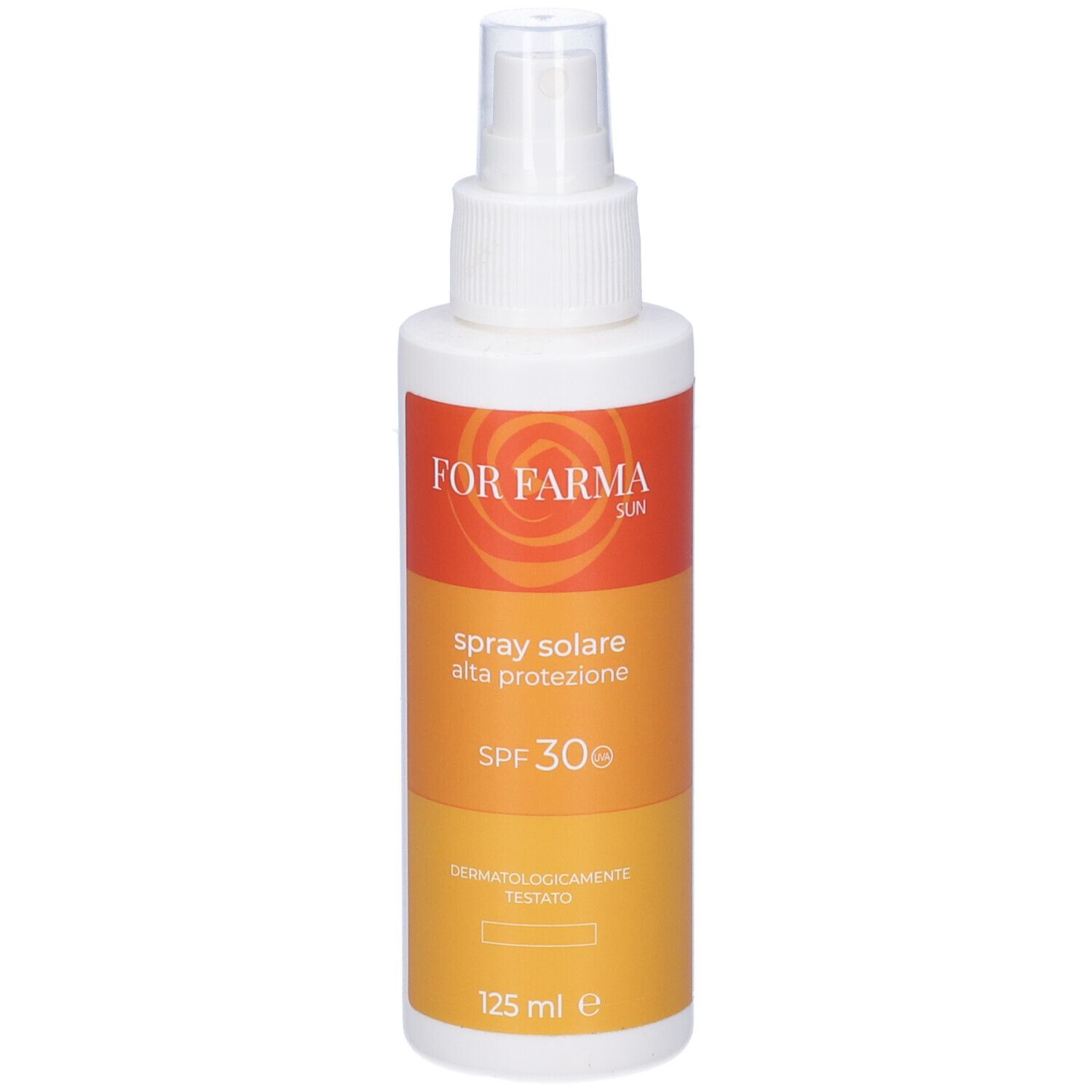 Flacone spray solare. Testina bianca, etichetta arancione-gialla con informazioni e SPF 30.