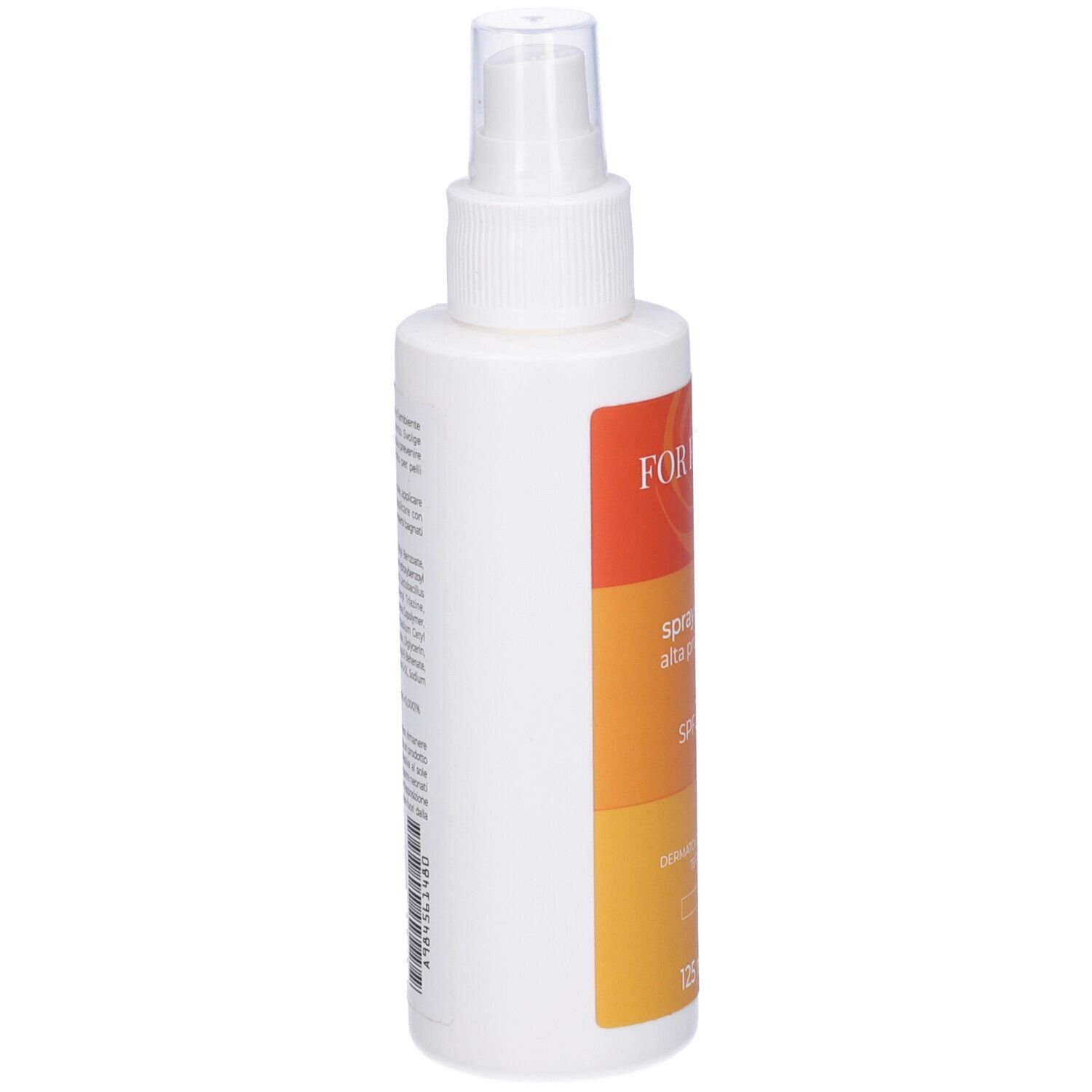 Flacone spray solare. Bottiglia bianca con etichetta arancione-gialla. Vista laterale.