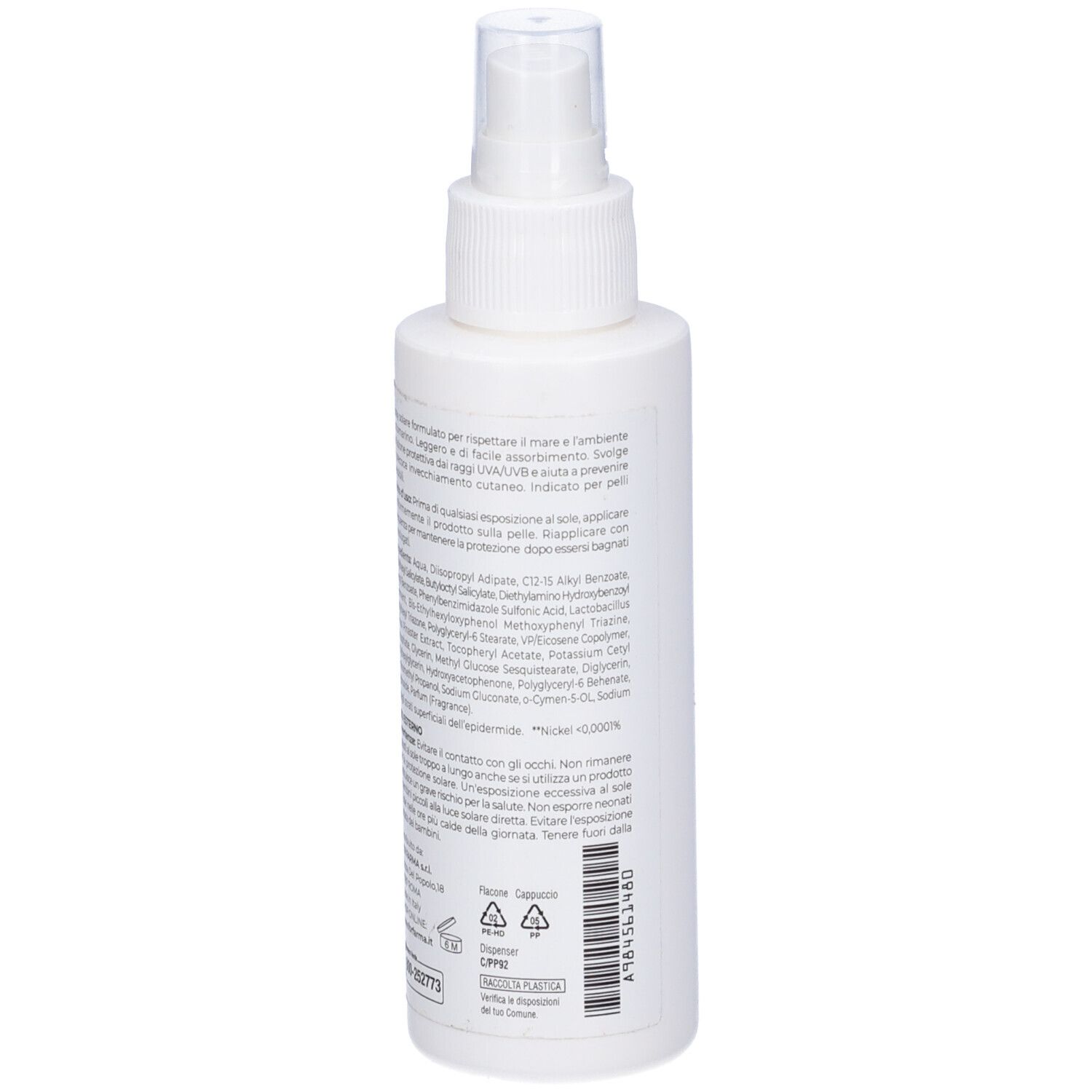 Flacone spray solare. Bottiglia bianca con testo. Vista posteriore con ingredienti e informazioni del produttore.