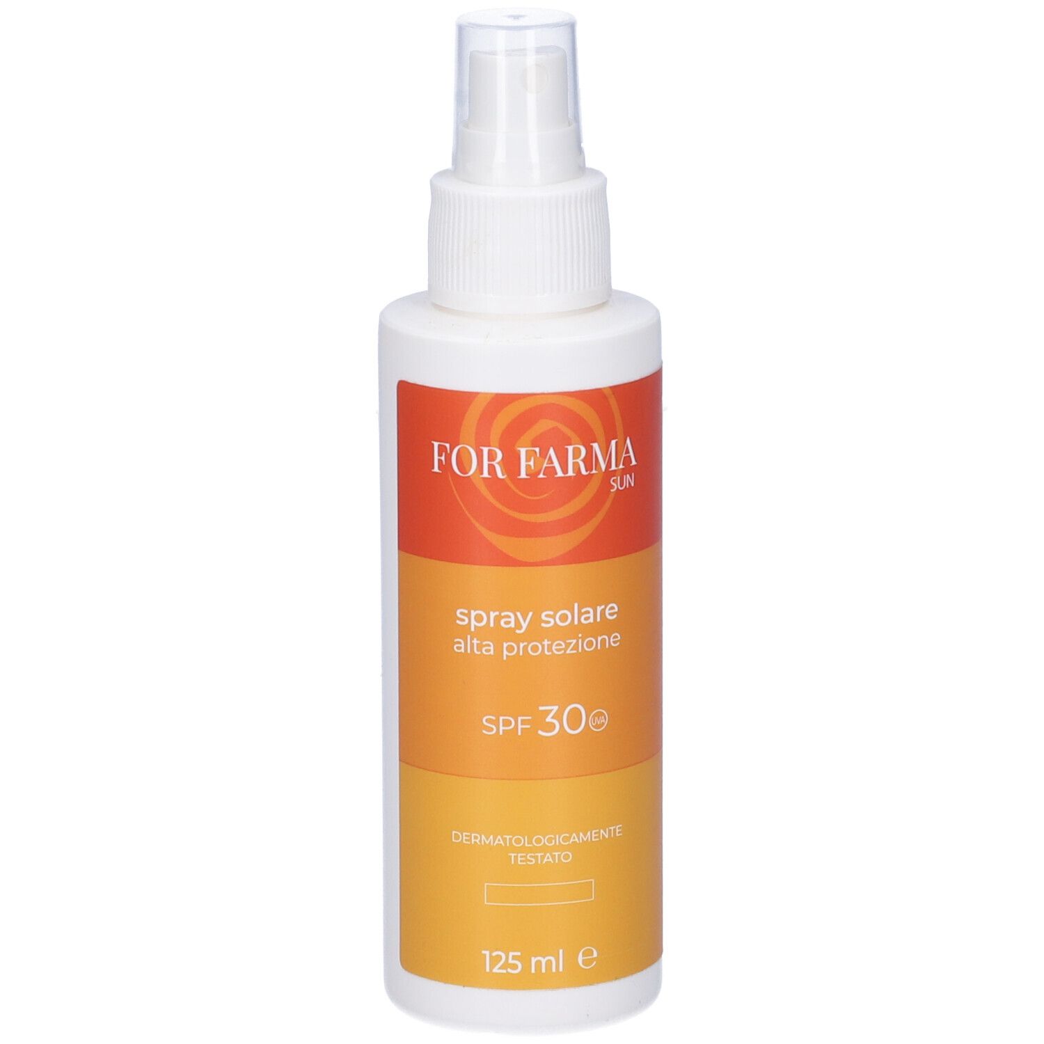 Flacone spray solare. Bottiglia bianca con etichetta arancione-gialla. Vista frontale.