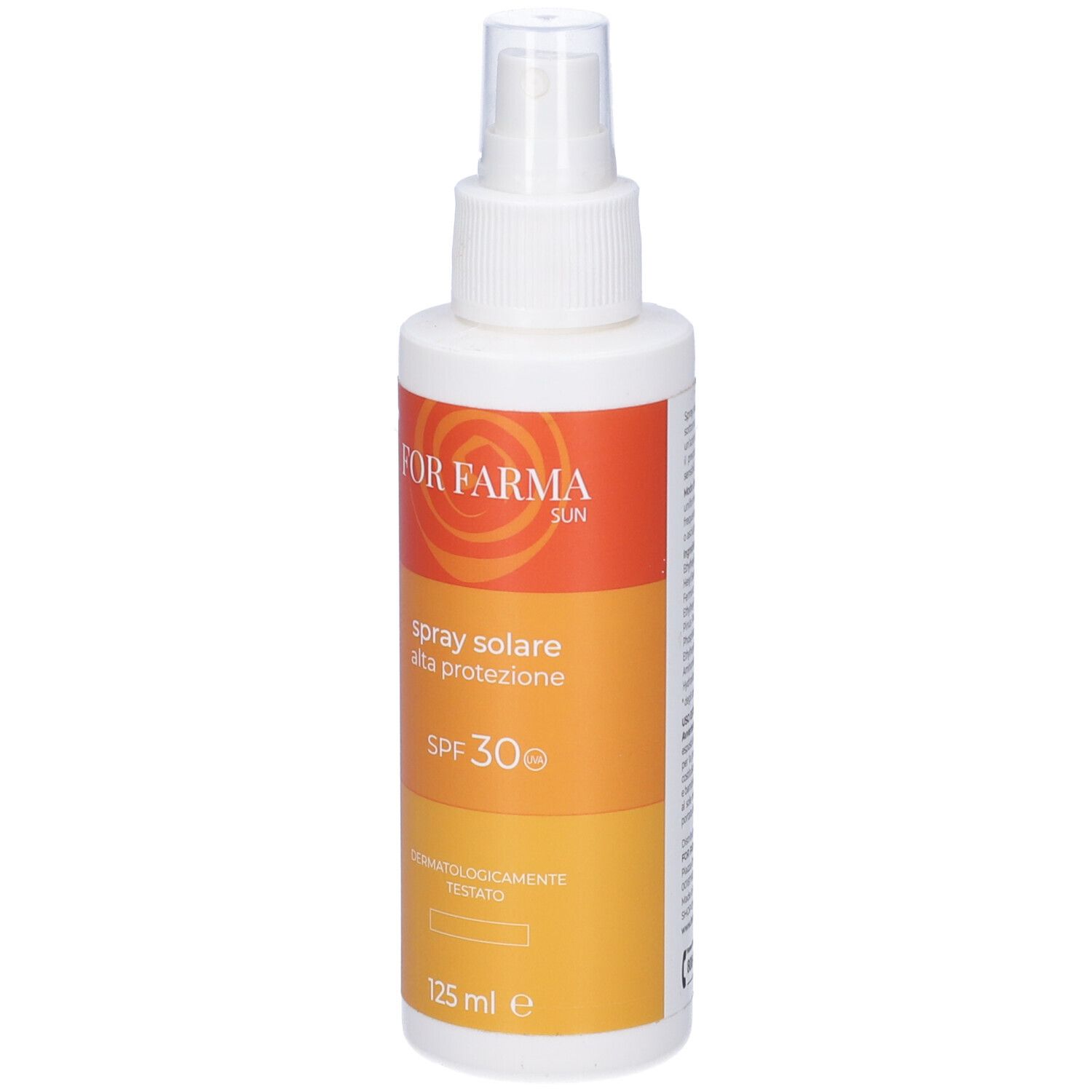 Flacone spray solare. Bottiglia bianca con etichetta arancione-gialla. Vista frontale.