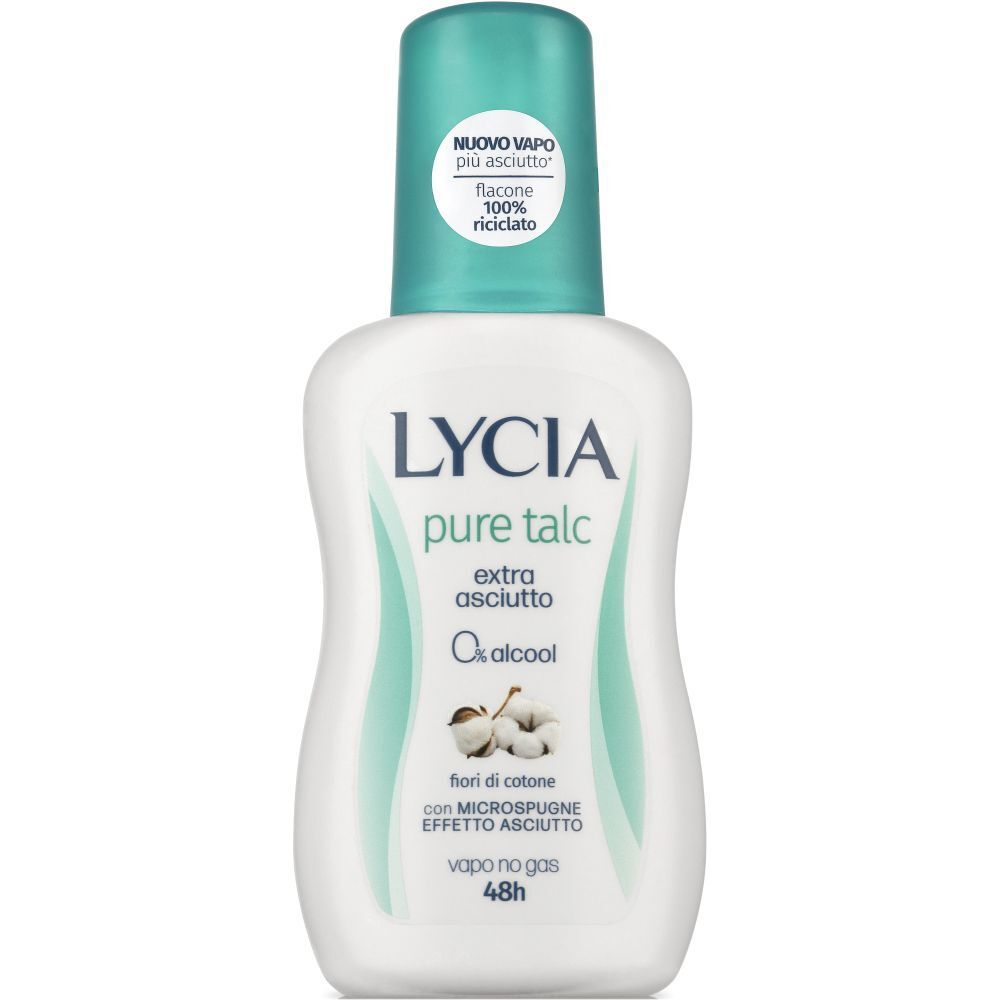 Flacone bianco con tappo turchese. Scritta: LYCIA pure talc, extra asciutto, 0% alcool. Illustrazione fiori di cotone.