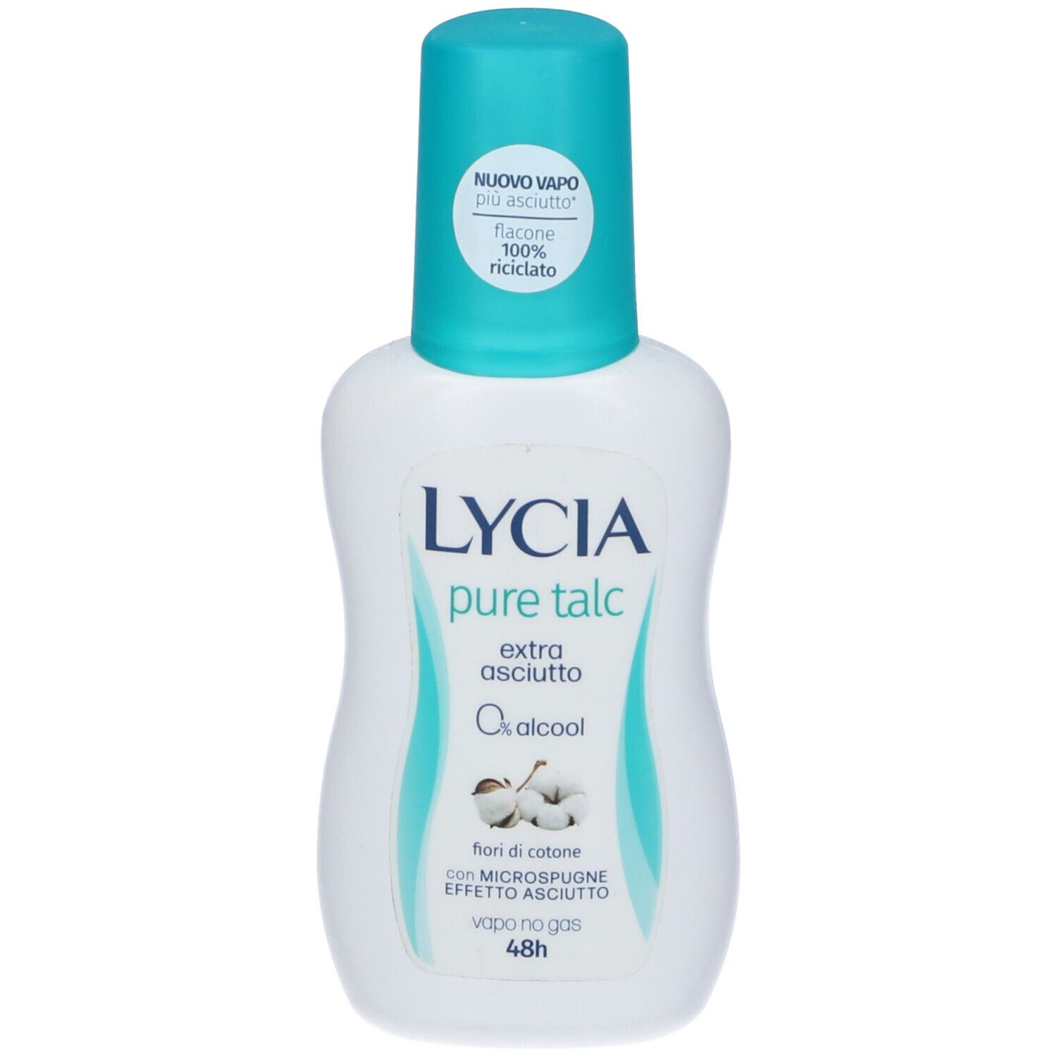 Flacone bianco con tappo turchese. Scritta: LYCIA pure talc, extra asciutto, 0% alcool. Illustrazione fiori di cotone.