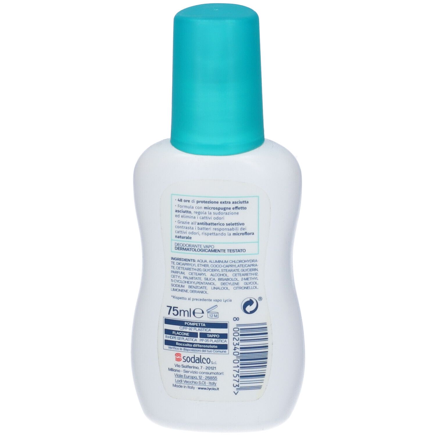 Retro di un flacone bianco con tappo turchese. Contiene testo e codice a barre. Scritta: 75ml.