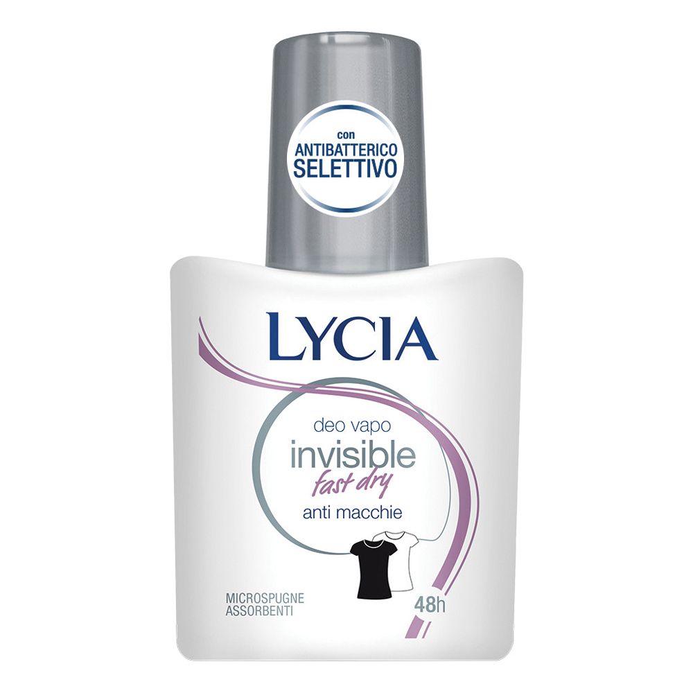 Spray deodorante Lycia bianco con tappo argento. Testo: Invisible Fast Dry, anti-macchie. Azione antibatterica. Protezione 48h.