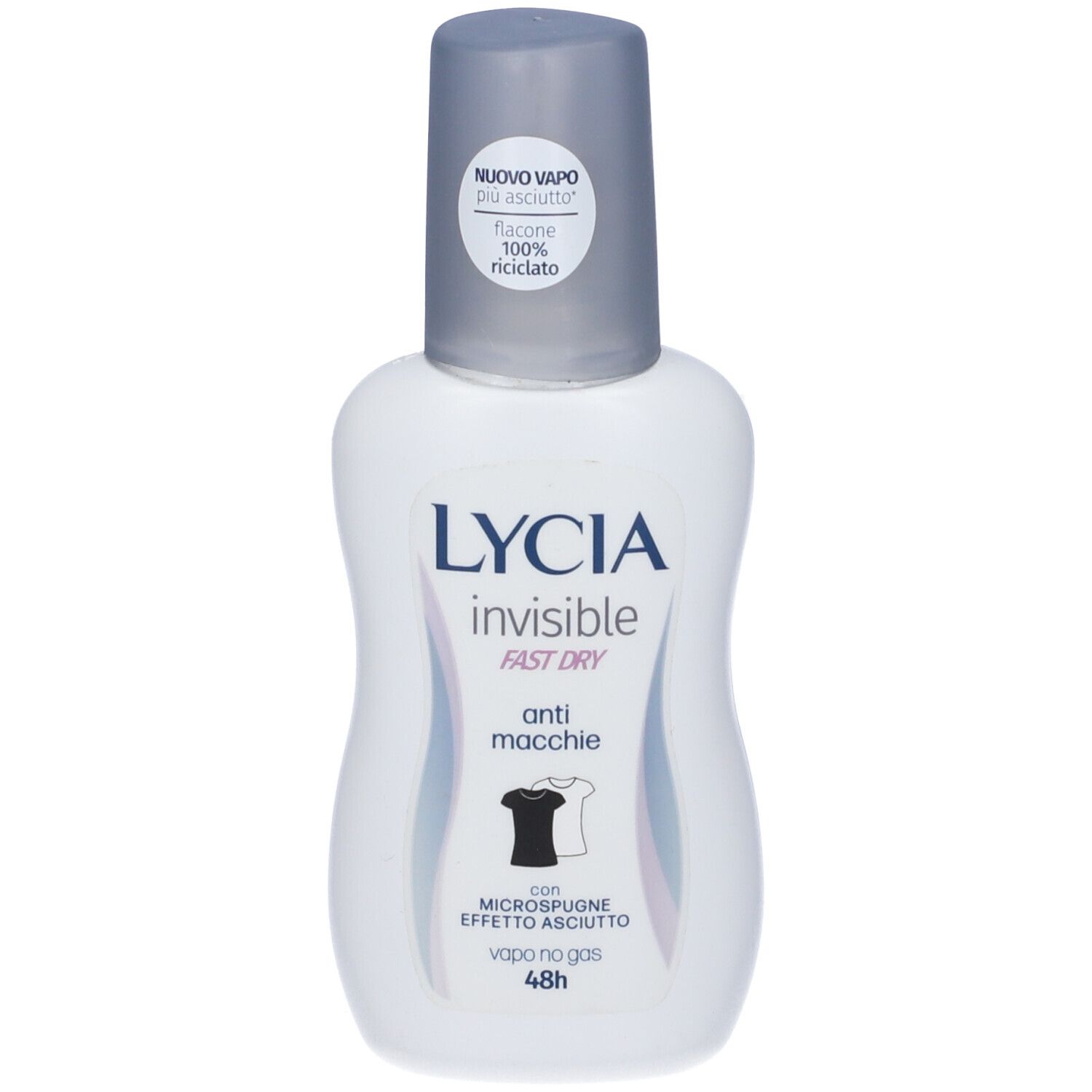 Spray deodorante Lycia bianco con tappo argento. Testo: Invisible Fast Dry, anti-macchie. Effetto microsponge. Protezione 48h. Flacone 100% riciclato.