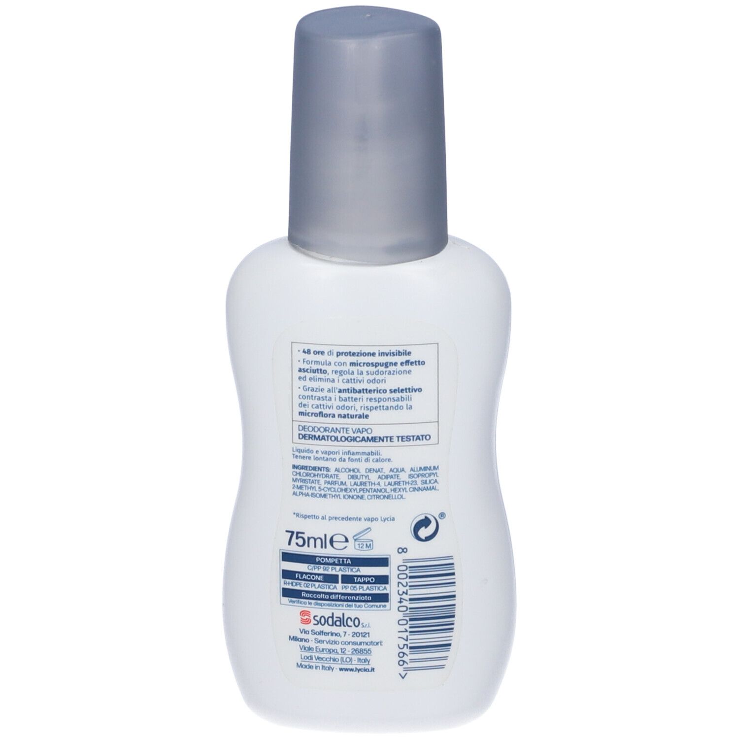 Retro dello spray deodorante Lycia bianco. Testo: Dermatologicamente testato. Ingredienti. 75ml. Flacone riciclabile. Logo Sodalco.