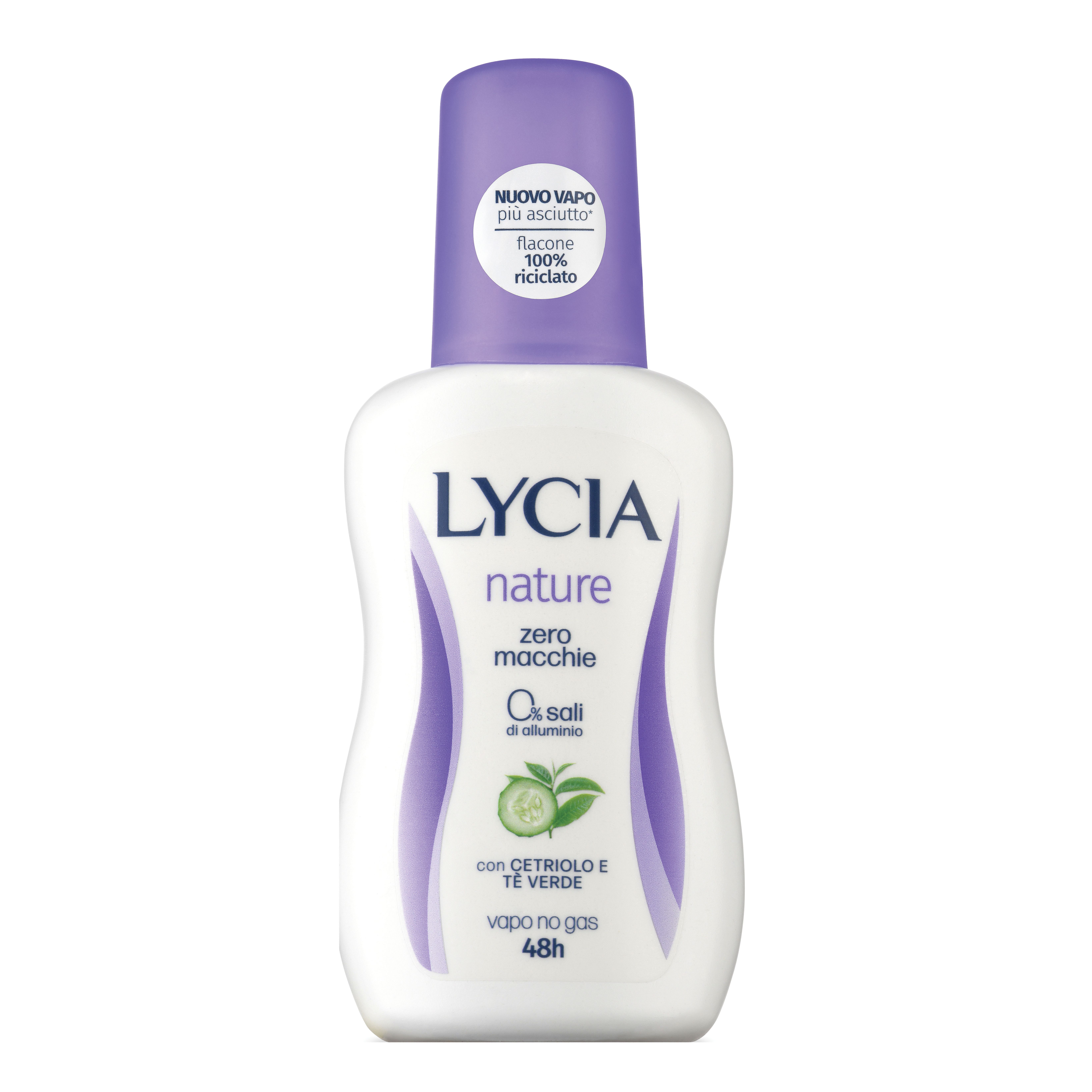 Flacone bianco con tappo viola. Scritta: LYCIA nature, zero macchie, 0% sali di alluminio, con Cetriolo e Te Verde, Vapo no gas 48h.