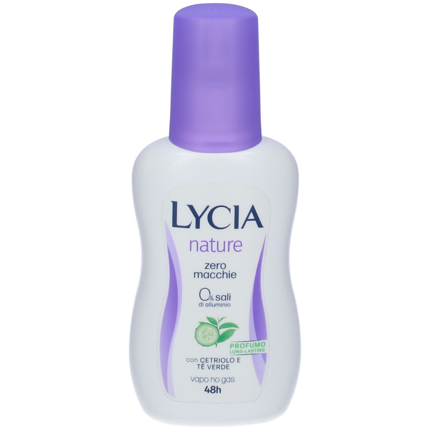 Flacone bianco con tappo viola. Scritta: LYCIA nature, zero macchie, 0% sali di alluminio, con Cetriolo e Te Verde, Vapo no gas 48h.