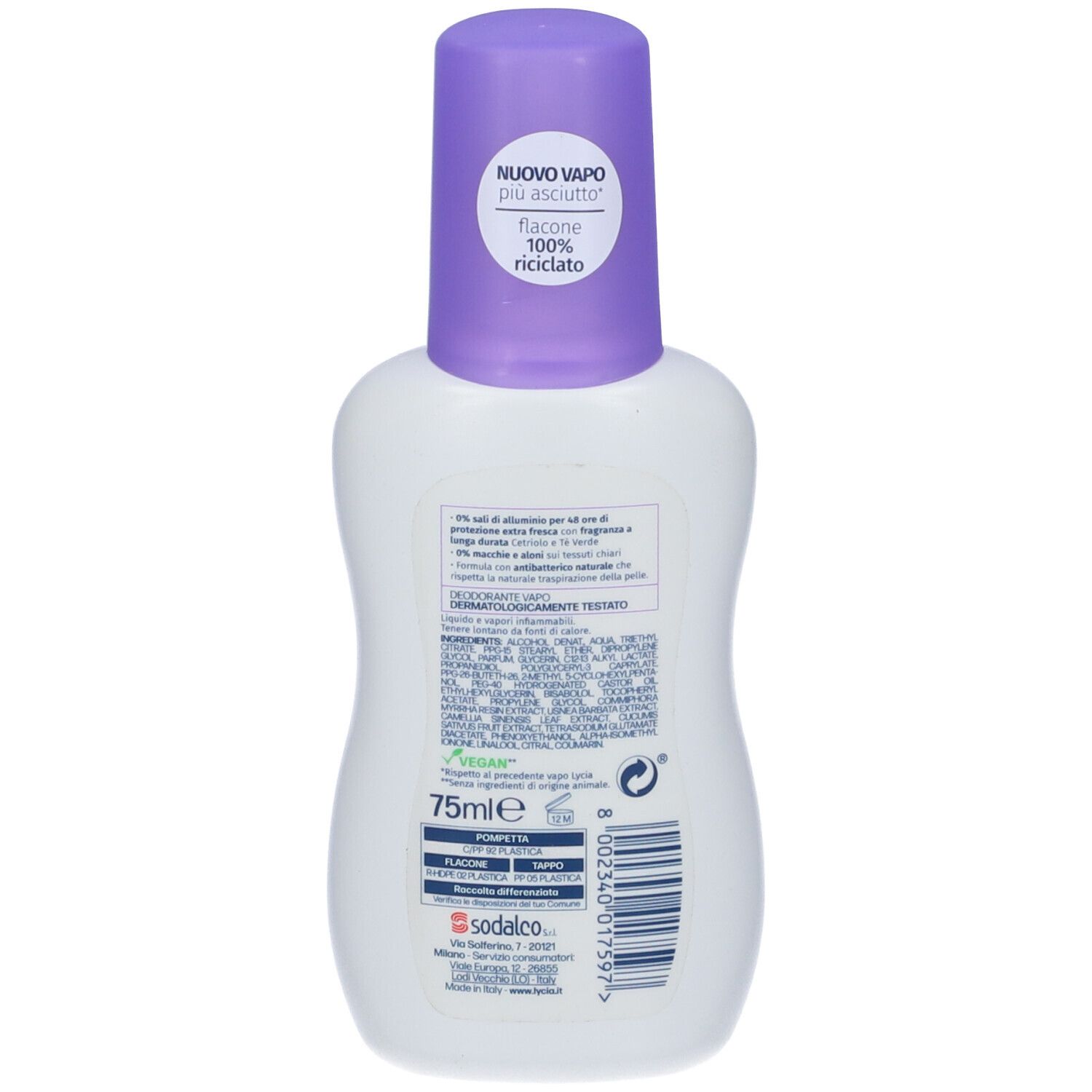 Retro di un flacone bianco con tappo viola. Scritta: 75ml, vegan, ingredienti, informazioni produttore, Flacone 100% riciclato.