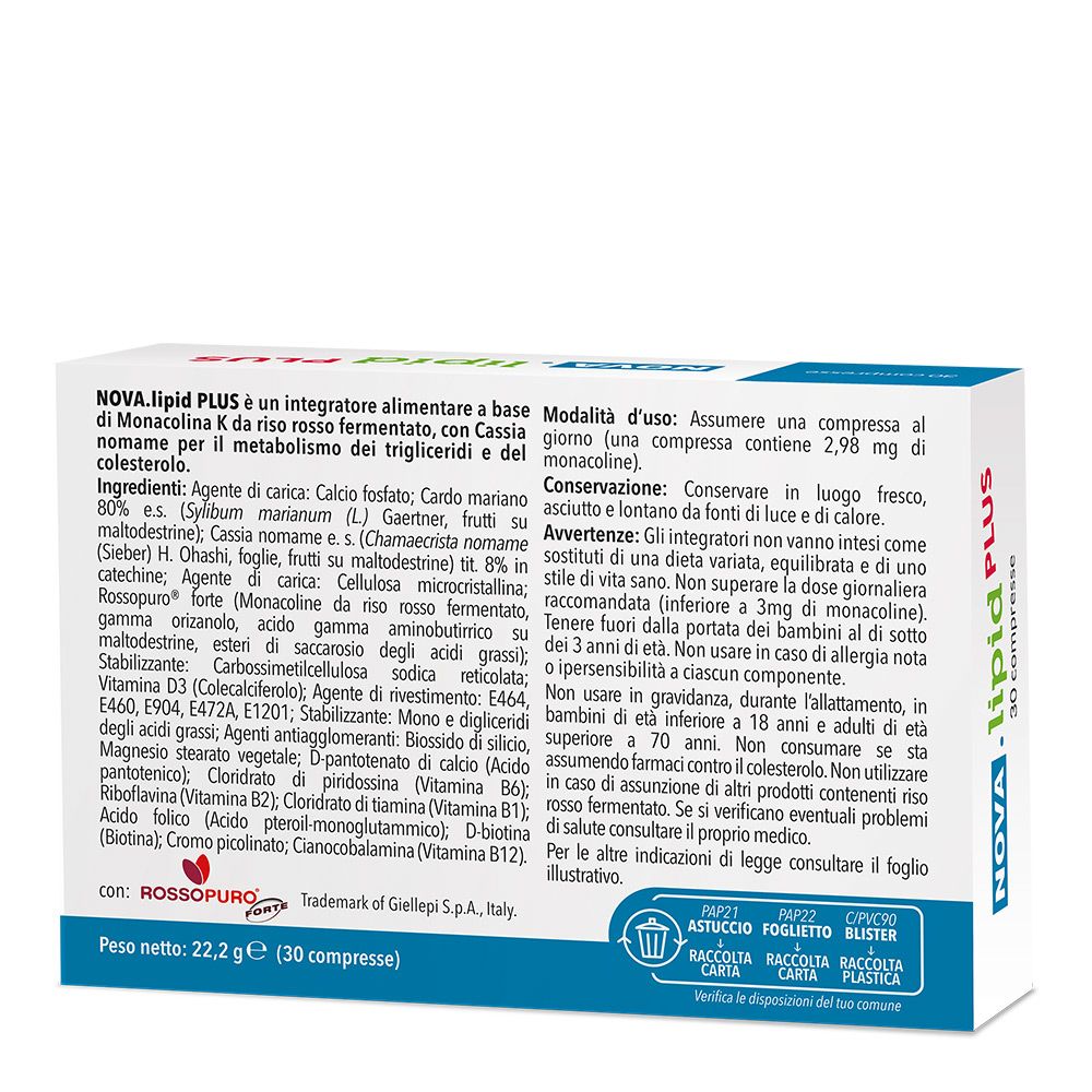 Rückseite der NOVA.lipid PLUS-Verpackung. Enthält Inhaltsstoffe, Gebrauchsanweisung und Recycling-Symbole. Text auf Italienisch.