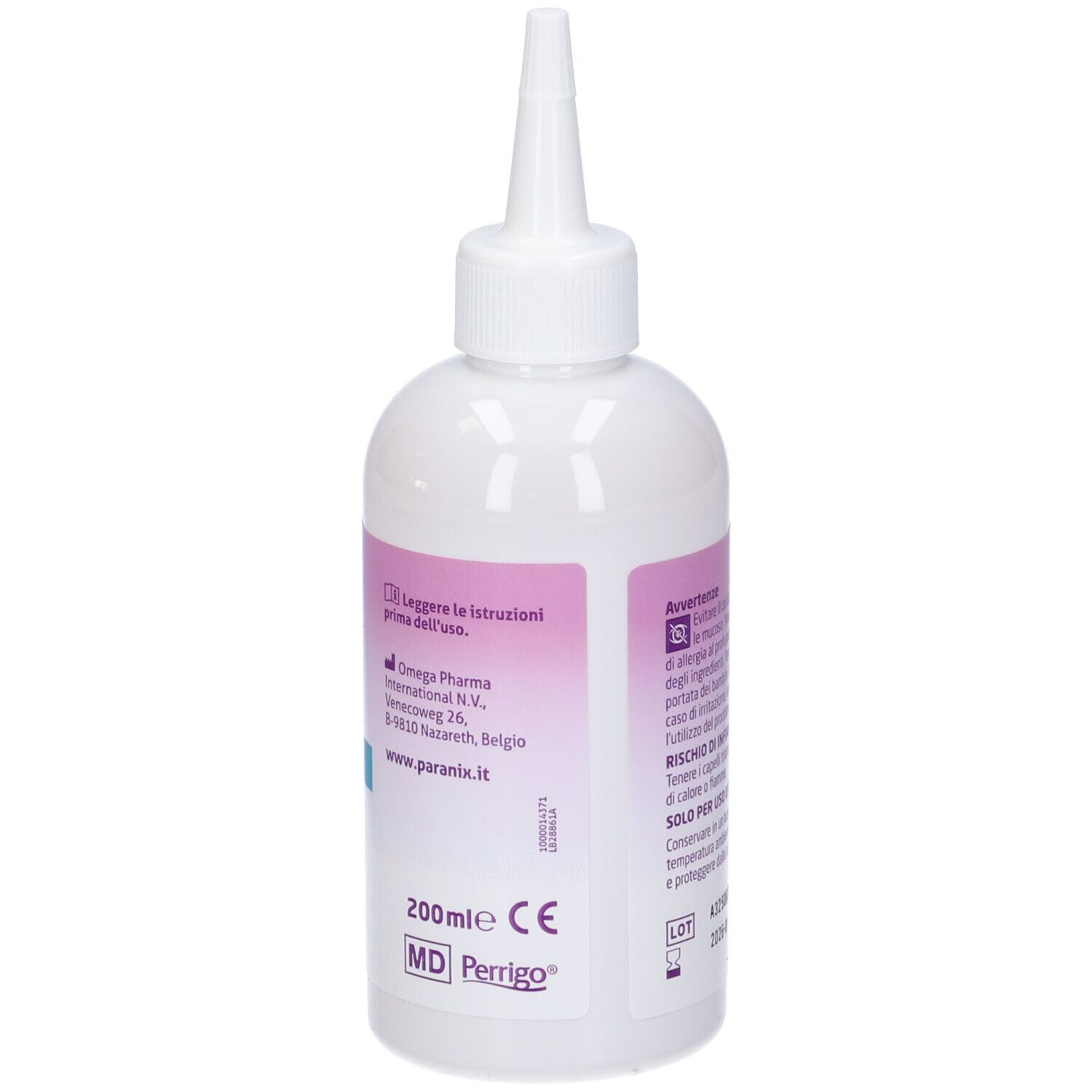 Rückseite einer weißen Flasche mit Dosierspitze. Aufdrucke, Herstellerinformationen und Volumen: 200 ml.