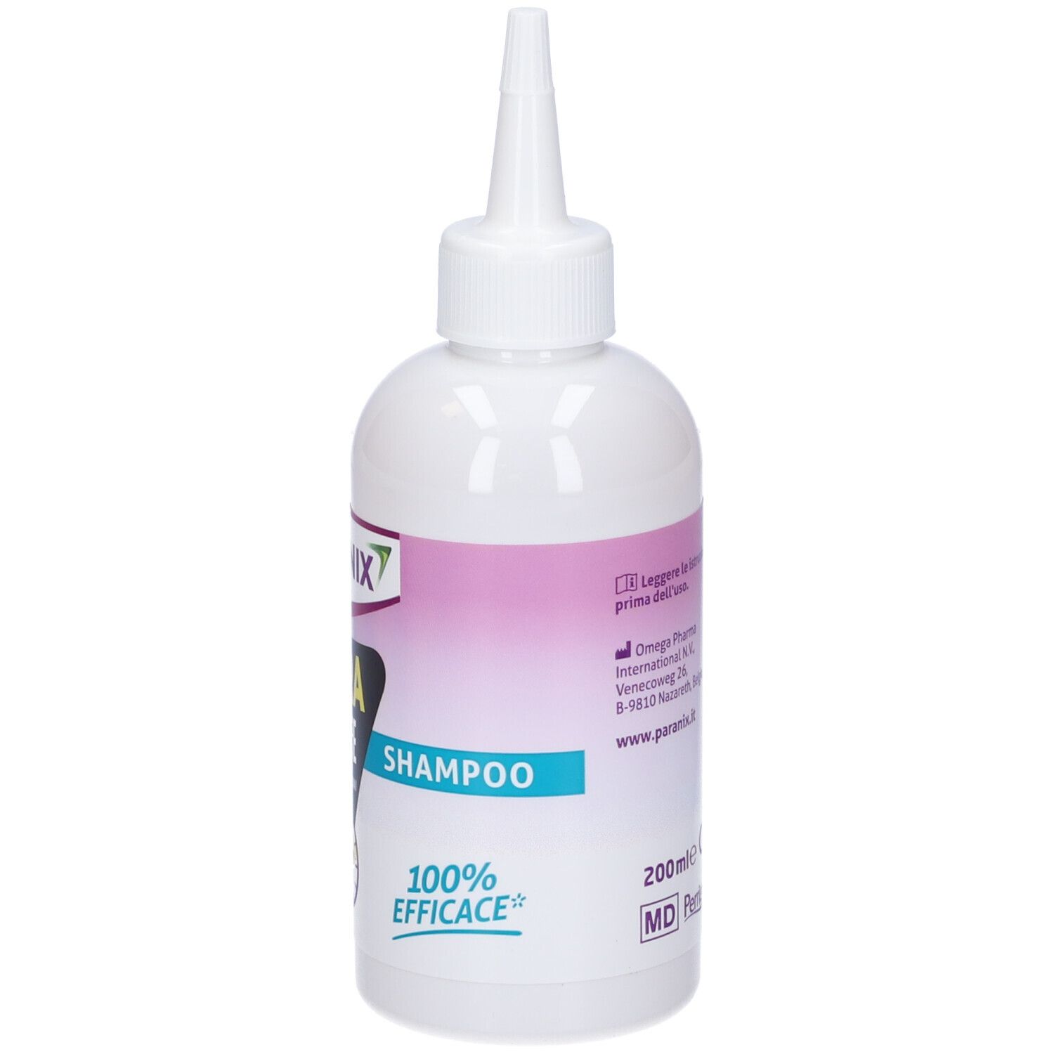 Weiße Flasche mit Dosierspitze. Aufdruck: Paranix, Shampoo, 100% wirksam. Volumen: 200 ml.