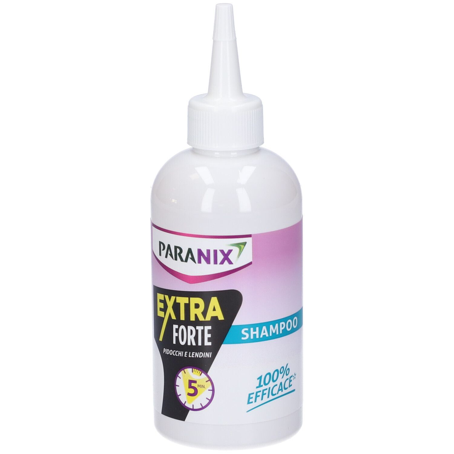 Weiße Flasche mit Dosierspitze. Aufdruck: Paranix, Extra Forte, Shampoo. 100% wirksam. Zeitangabe: 5 Minuten.