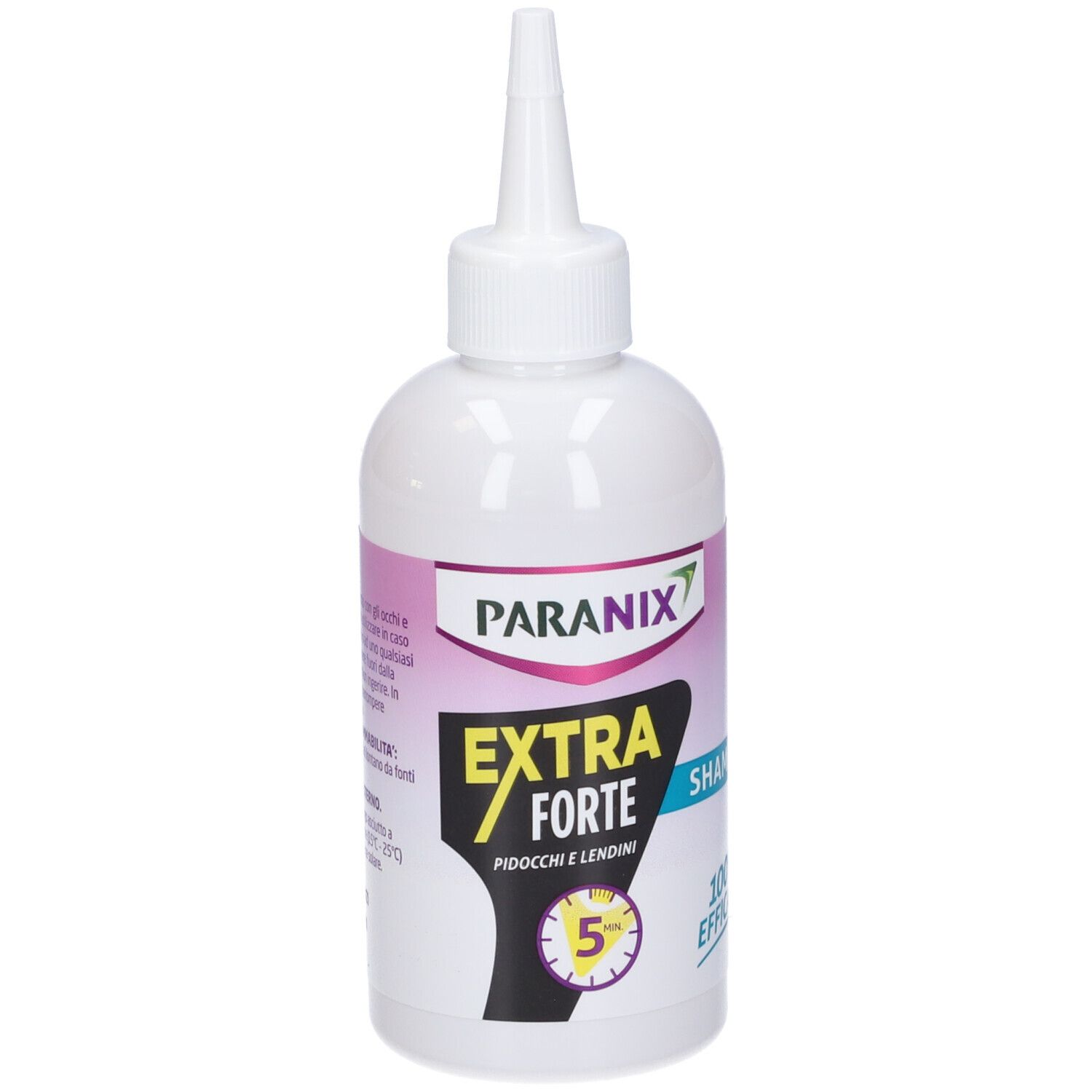 Weiße Flasche mit Dosierspitze. Aufdruck: Paranix, Extra Forte, Shampoo. 100% wirksam. Zeitangabe: 5 Minuten.