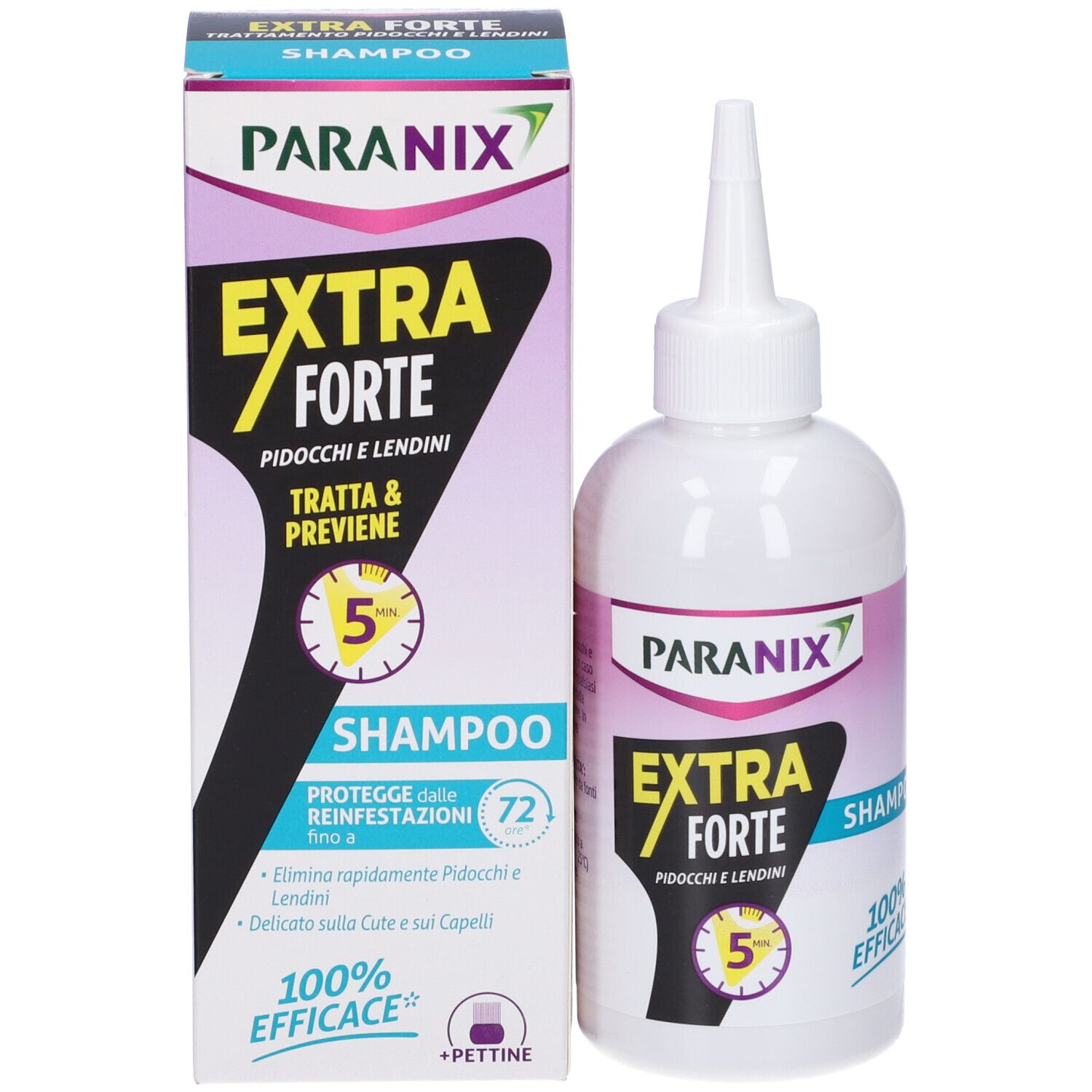 Produktverpackung und Flasche. Verpackung: Paranix, Extra Forte, Shampoo. Flasche: weiß, Dosierspitze.
