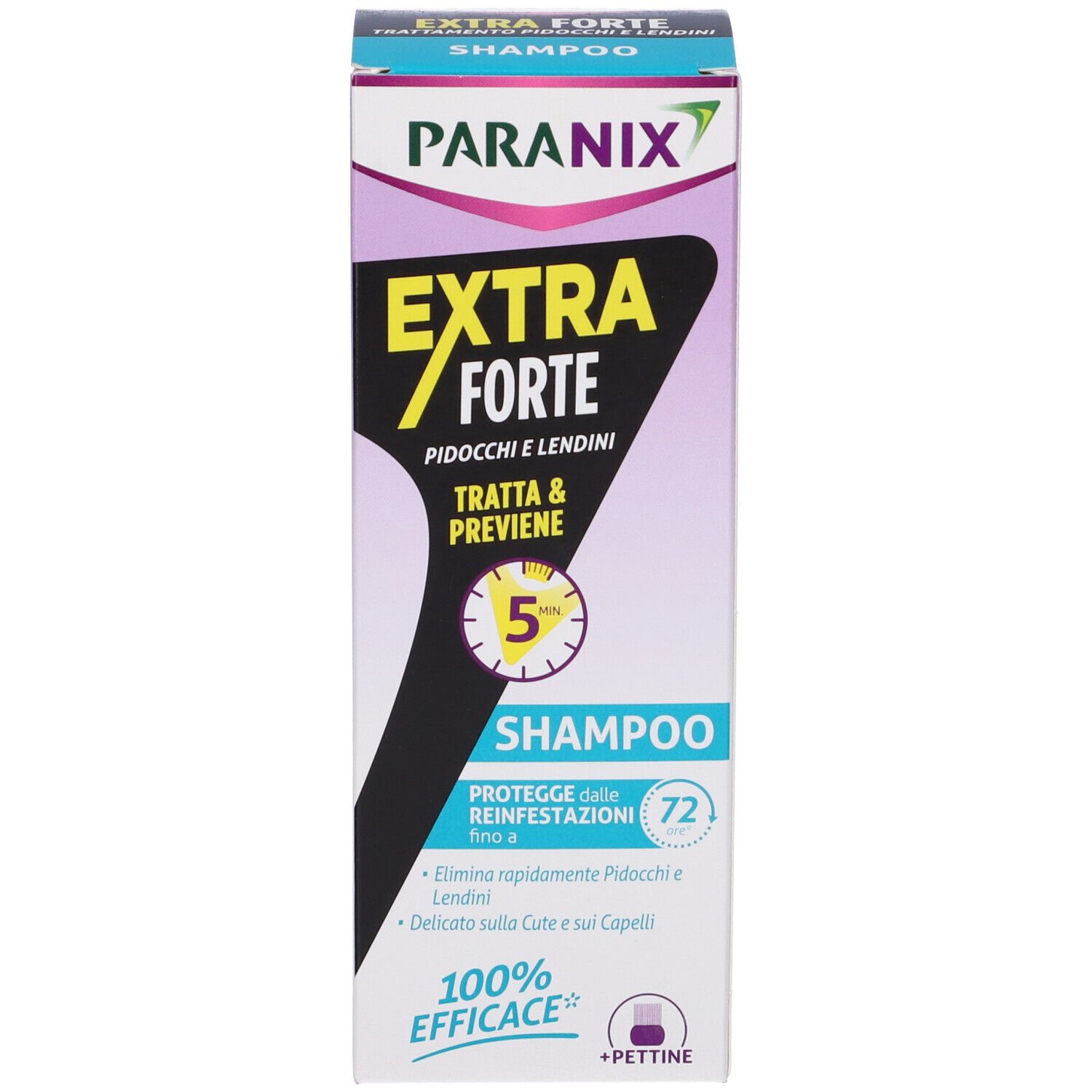 Produktverpackung. Aufdruck: Paranix, Extra Forte, Shampoo. Schützt vor Wiederbefall bis zu 72 Stunden.