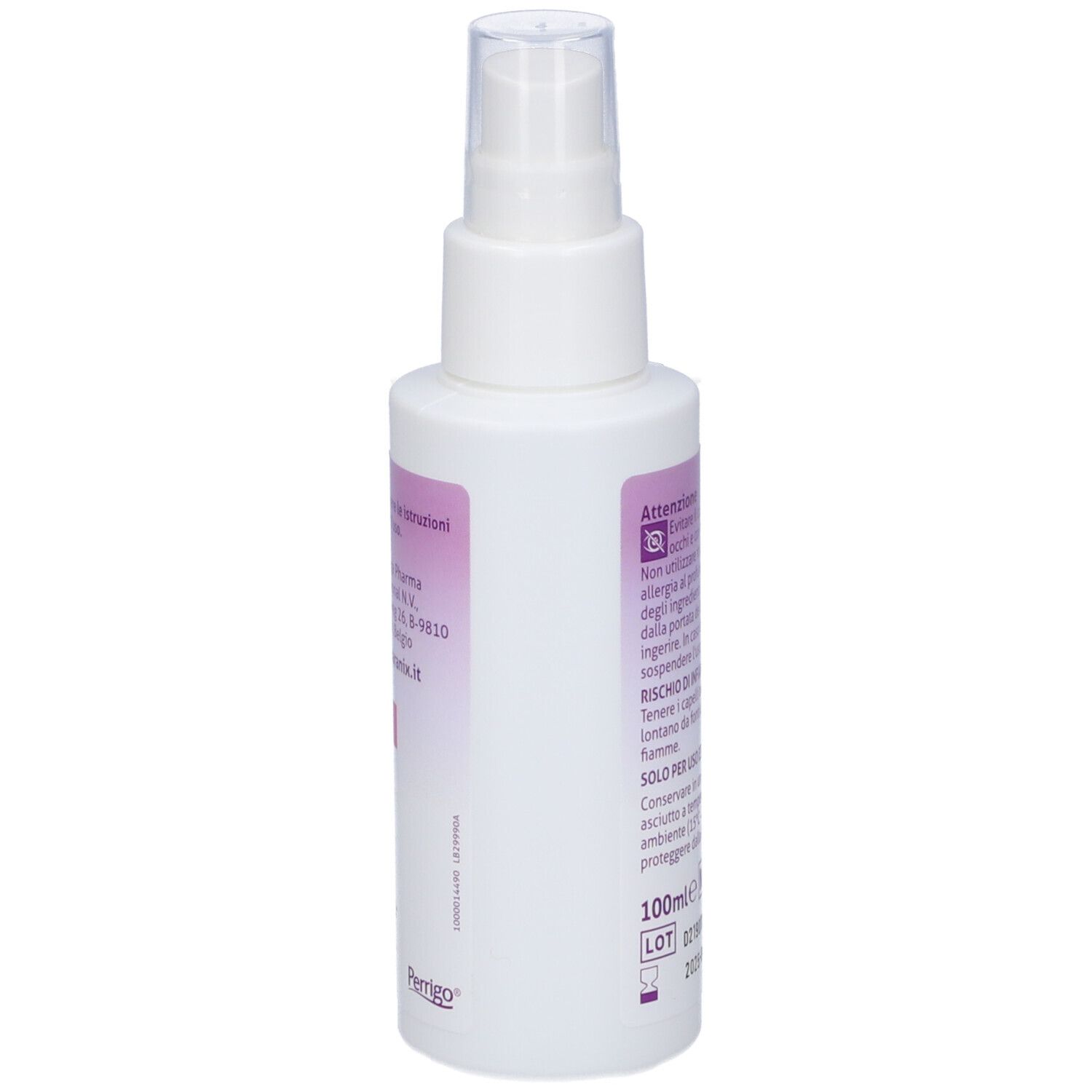 Weiße Sprühflasche, Seitenansicht. Enthält Informationen und Warnhinweise. 100ml-Angabe und Chargennummer.