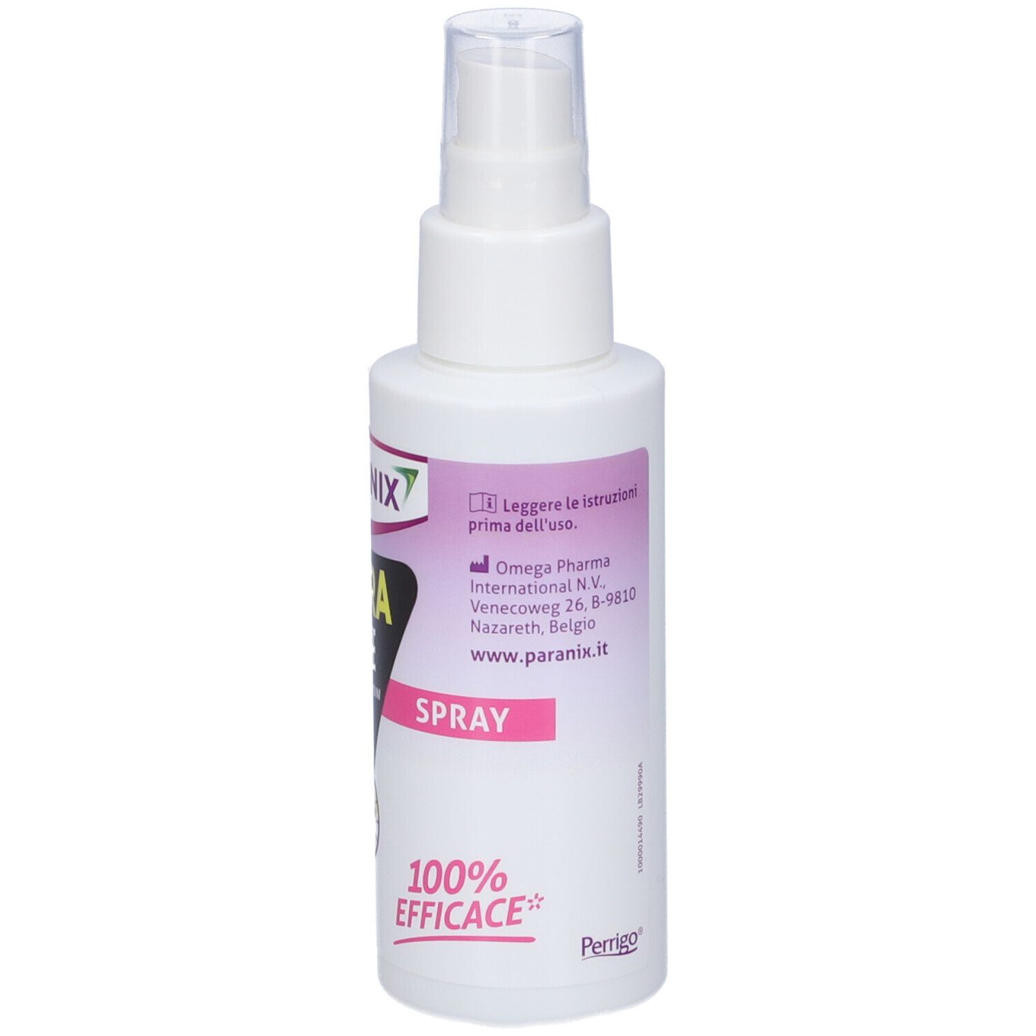 Weiße Sprühflasche mit PARANIX-Etikett. Enthält Informationen zu Omega Pharma, Spray-Angabe und 100% EFFICACE.