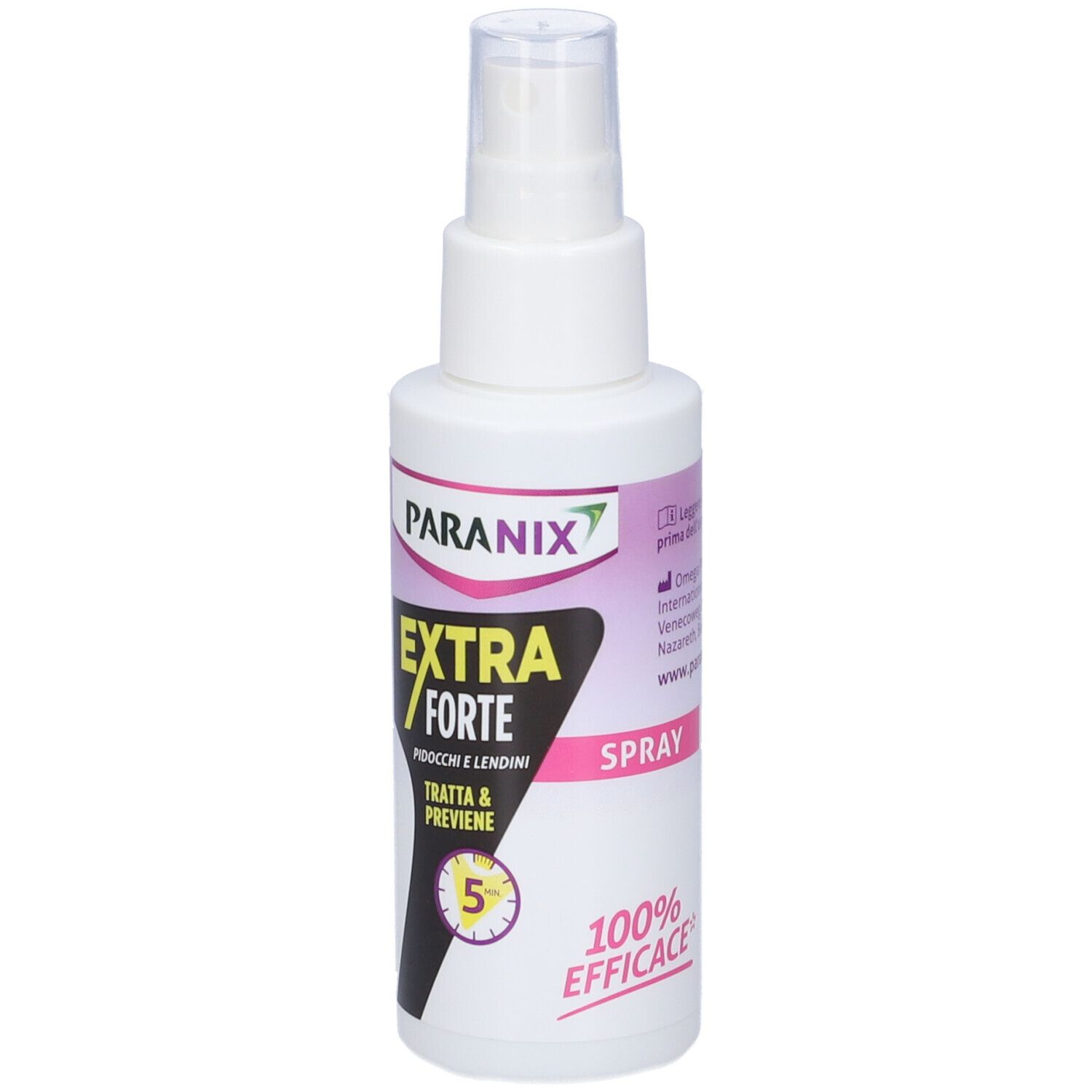 Weiße Sprühflasche mit PARANIX-Etikett. EXTRA FORTE-Aufschrift, Spray-Angabe und 100% EFFICACE. Behandelt und beugt vor.
