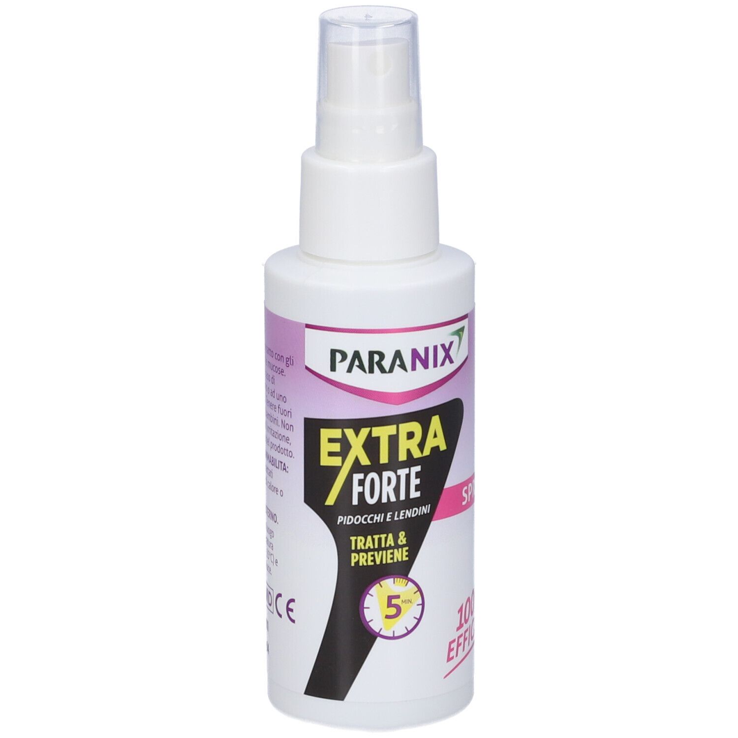 Weiße Sprühflasche mit PARANIX-Etikett. EXTRA FORTE-Aufschrift, Spray-Angabe und 100% EFFICACE. Behandelt und beugt vor.