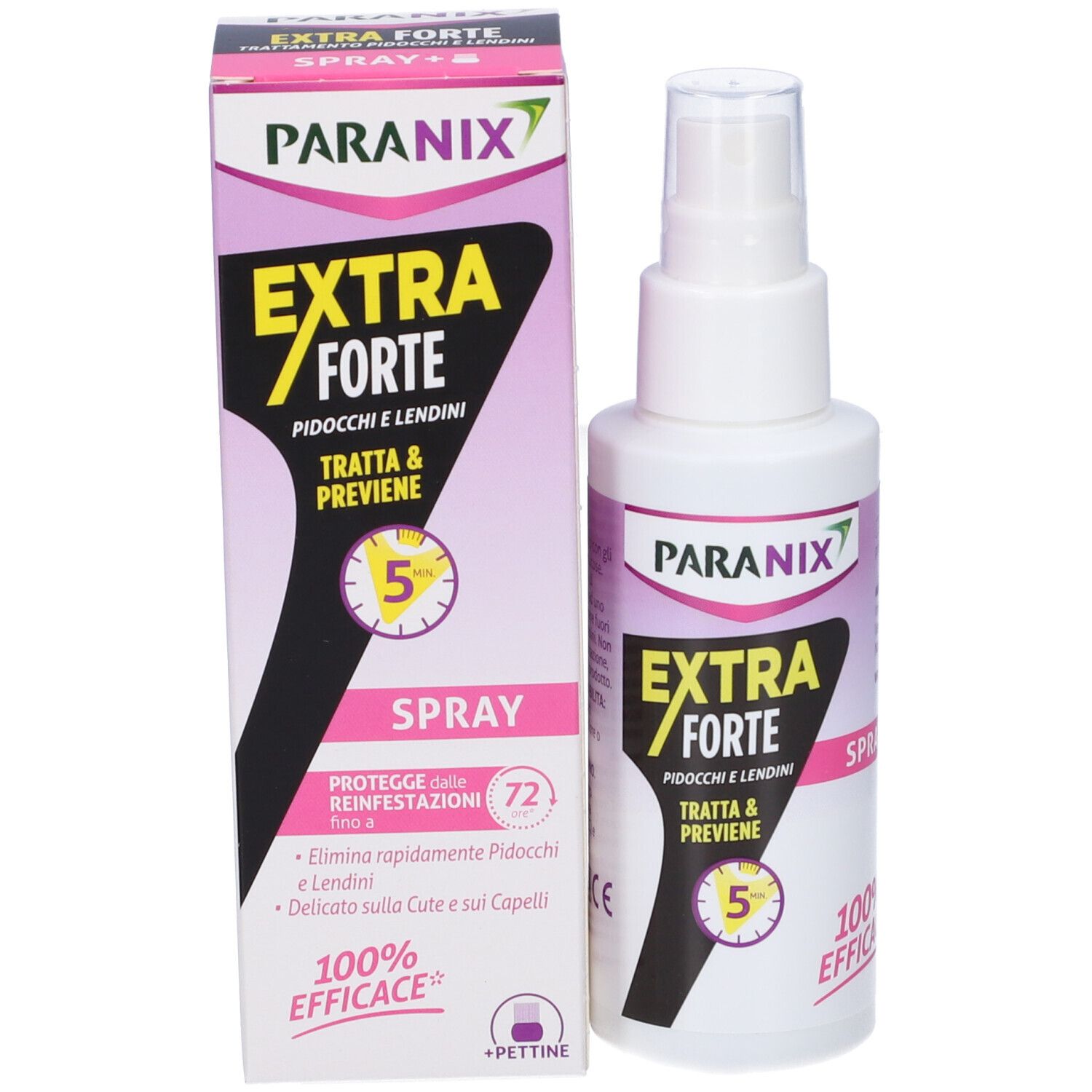 PARANIX EXTRA FORTE Spray und Verpackung. Enthält Spray, behandelt und beugt vor. 100% EFFICACE. Mit Kamm.