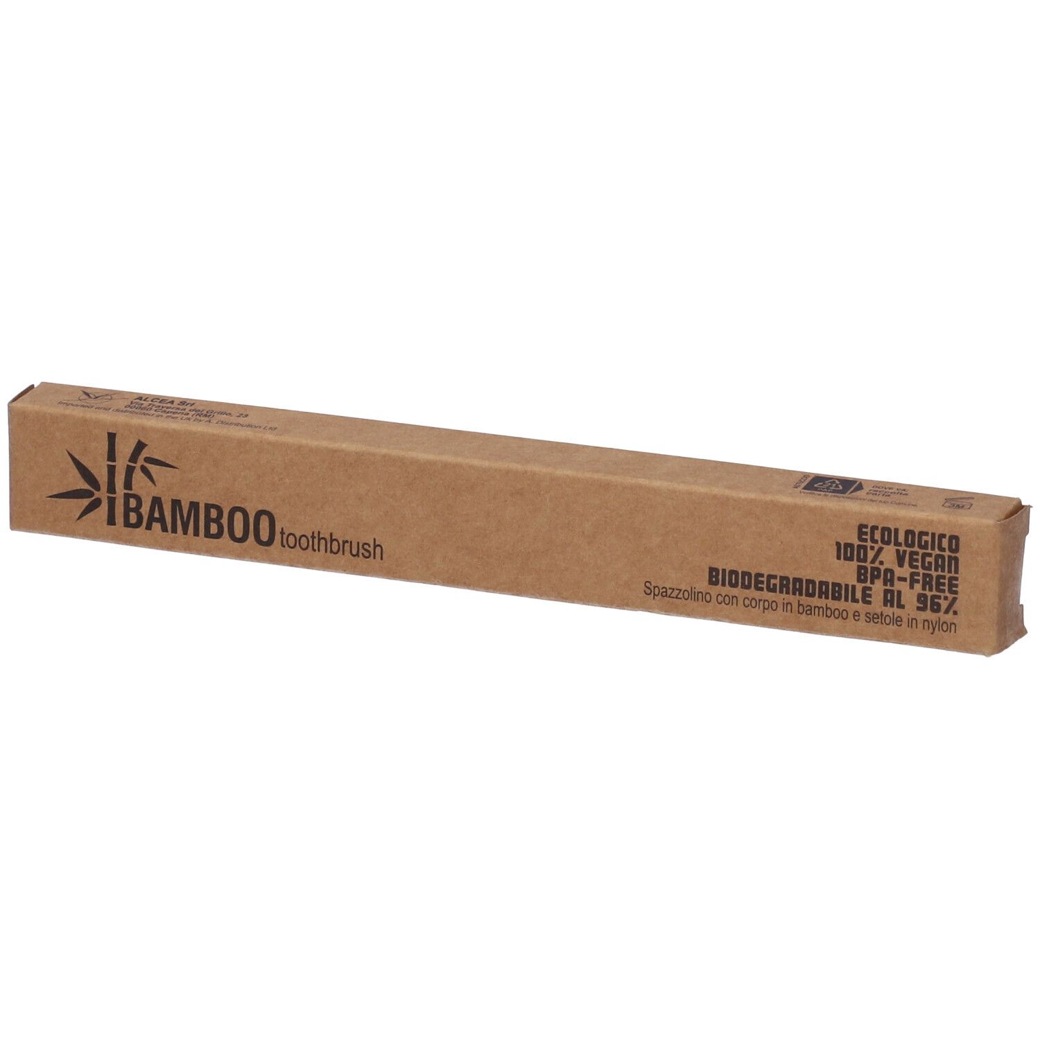 Spazzolino in confezione marrone. Scritta: iBamboo toothbrush. Ecologico, vegano, senza BPA, biodegradabile.