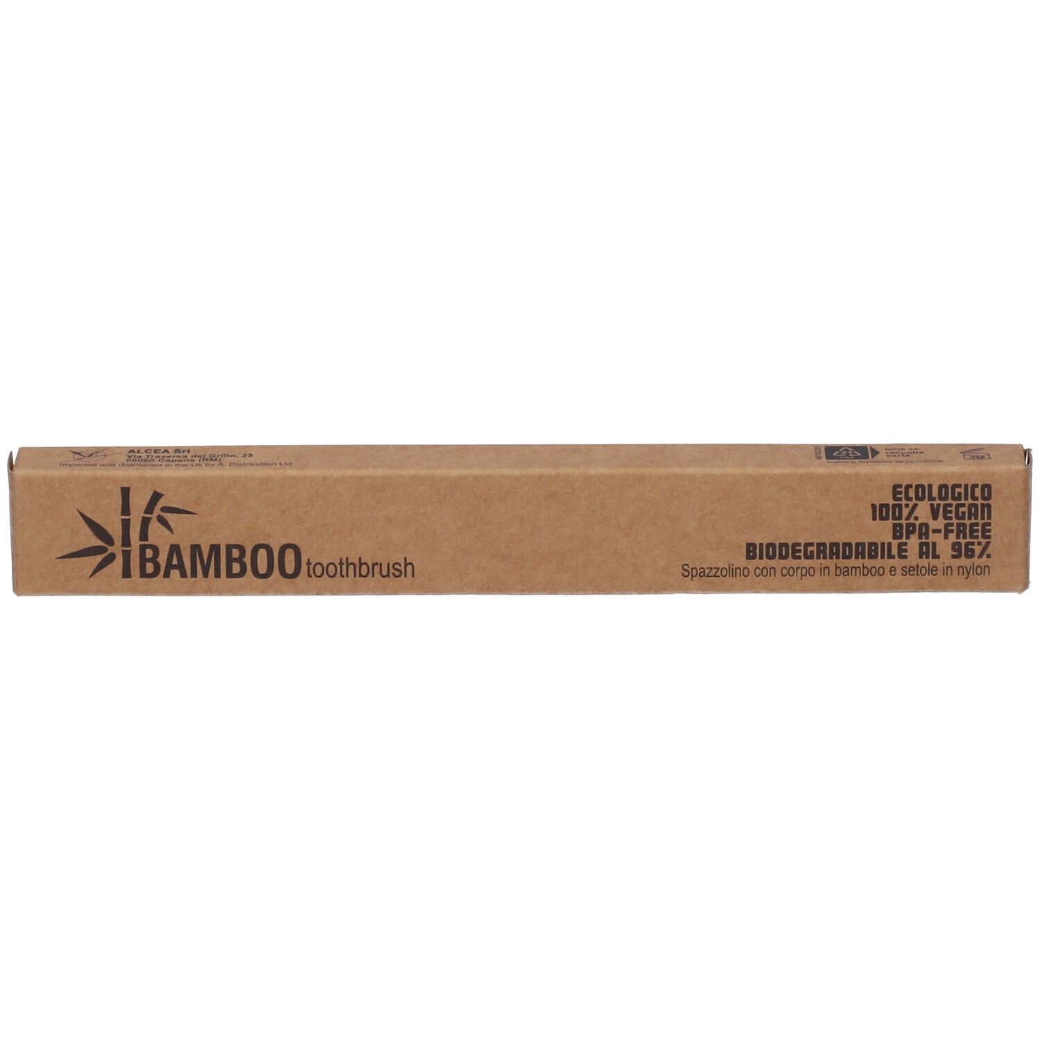 Spazzolino in confezione marrone. Scritta: iBamboo toothbrush. Ecologico, vegano, senza BPA, biodegradabile.