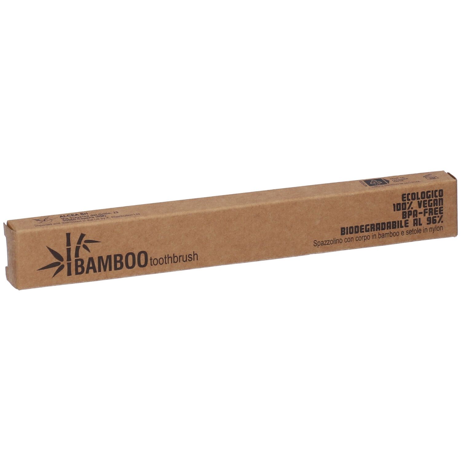 Spazzolino in confezione marrone. Scritta: iBamboo toothbrush. Ecologico, vegano, senza BPA, biodegradabile.