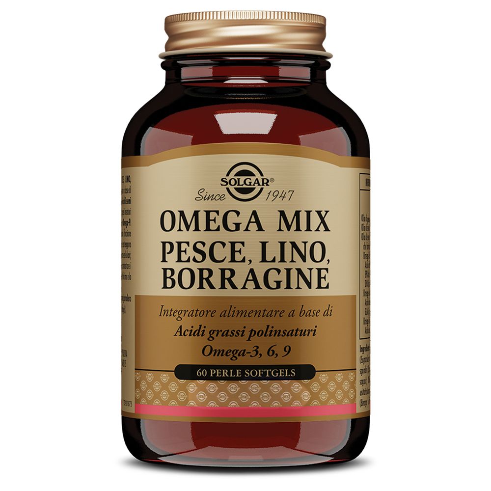 Flacone di vetro marrone con tappo dorato. Etichetta con SOLGAR, Omega Mix, pesce, lino, borragine. 60 softgels.