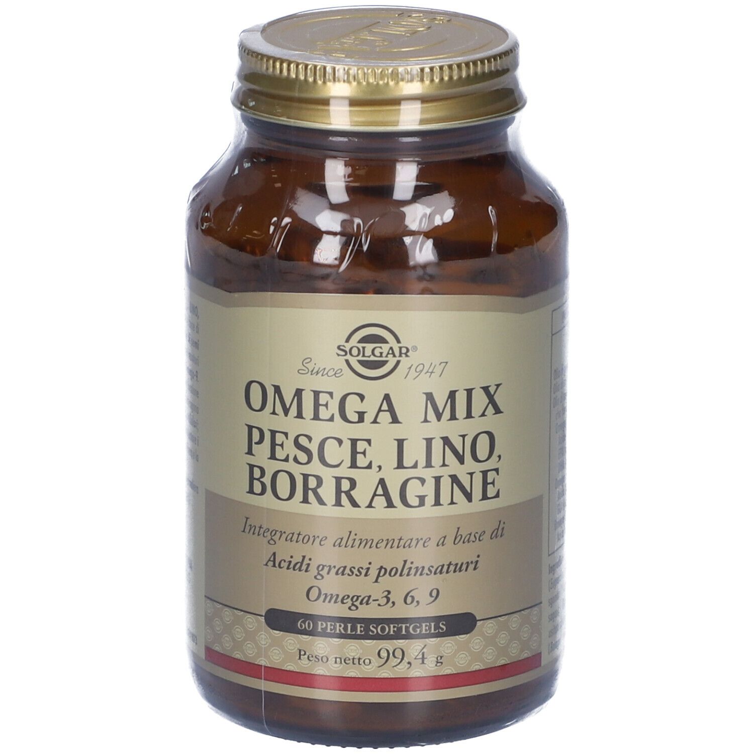 Bottiglia di vetro marrone con tappo dorato. Etichetta con SOLGAR, Omega Mix, pesce, lino, borragine. 60 softgels, 99,4 g.