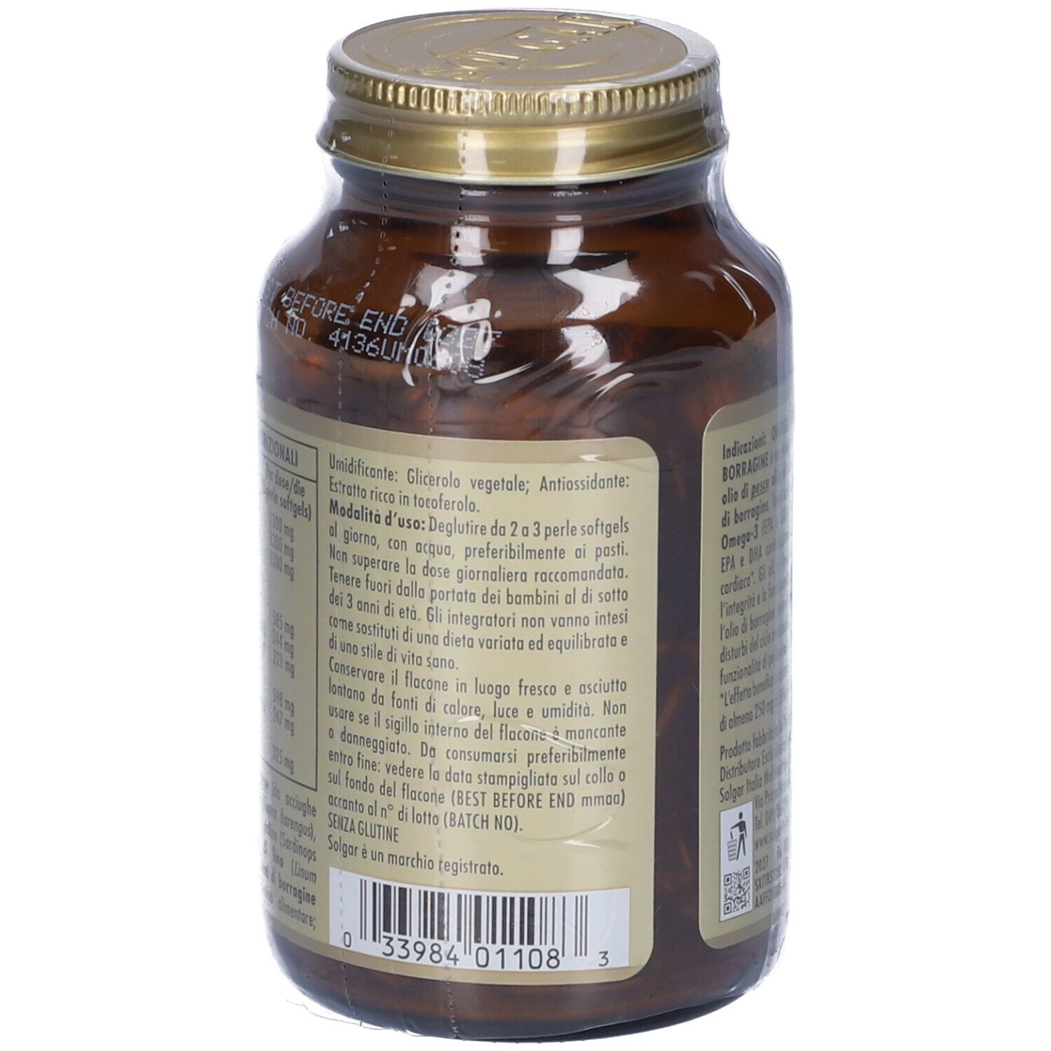 Retro della bottiglia di vetro marrone. Etichetta con ingredienti e istruzioni per l'uso. Tappo con stampa.
