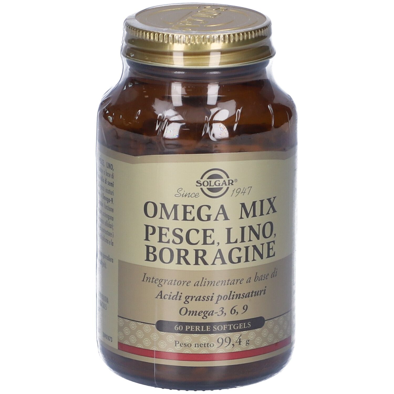 Bottiglia di vetro marrone con tappo dorato. Etichetta con SOLGAR, Omega Mix, pesce, lino, borragine. 60 softgels, 99,4 g.