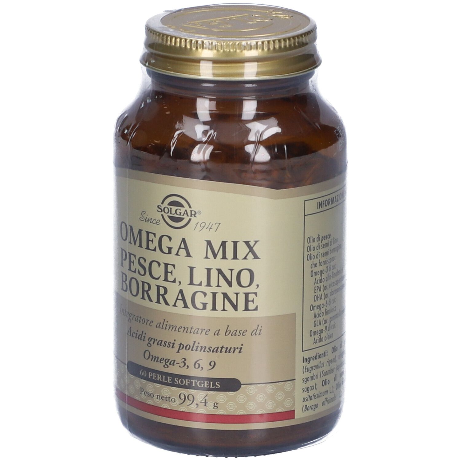 Bottiglia di vetro marrone con tappo dorato. Etichetta con SOLGAR, Omega Mix, pesce, lino, borragine. 60 softgels, 99,4 g.