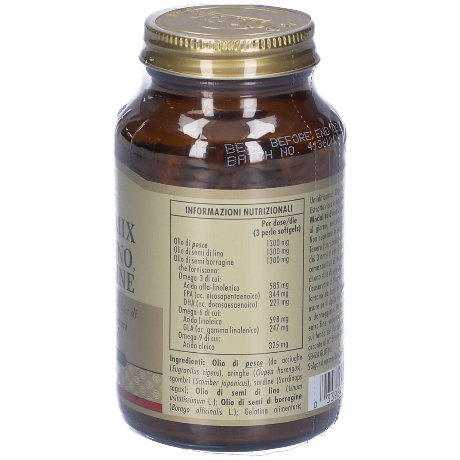 Retro della bottiglia di vetro marrone. Etichetta con informazioni nutrizionali e ingredienti. Tappo dorato.
