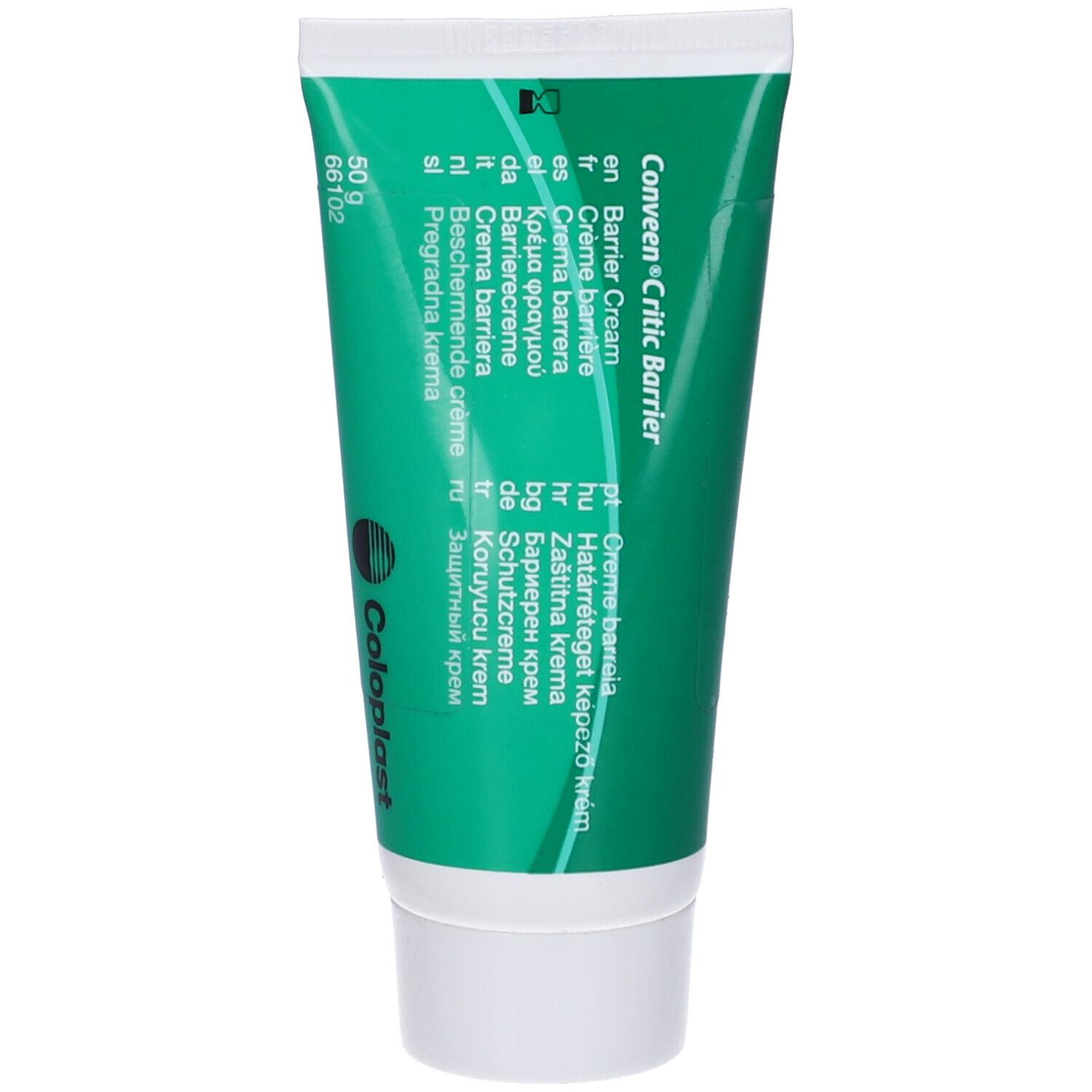 Tubo verde con tappo bianco. Scritta: Conveen Critic Barrier. 50 g. Logo Coloplast.