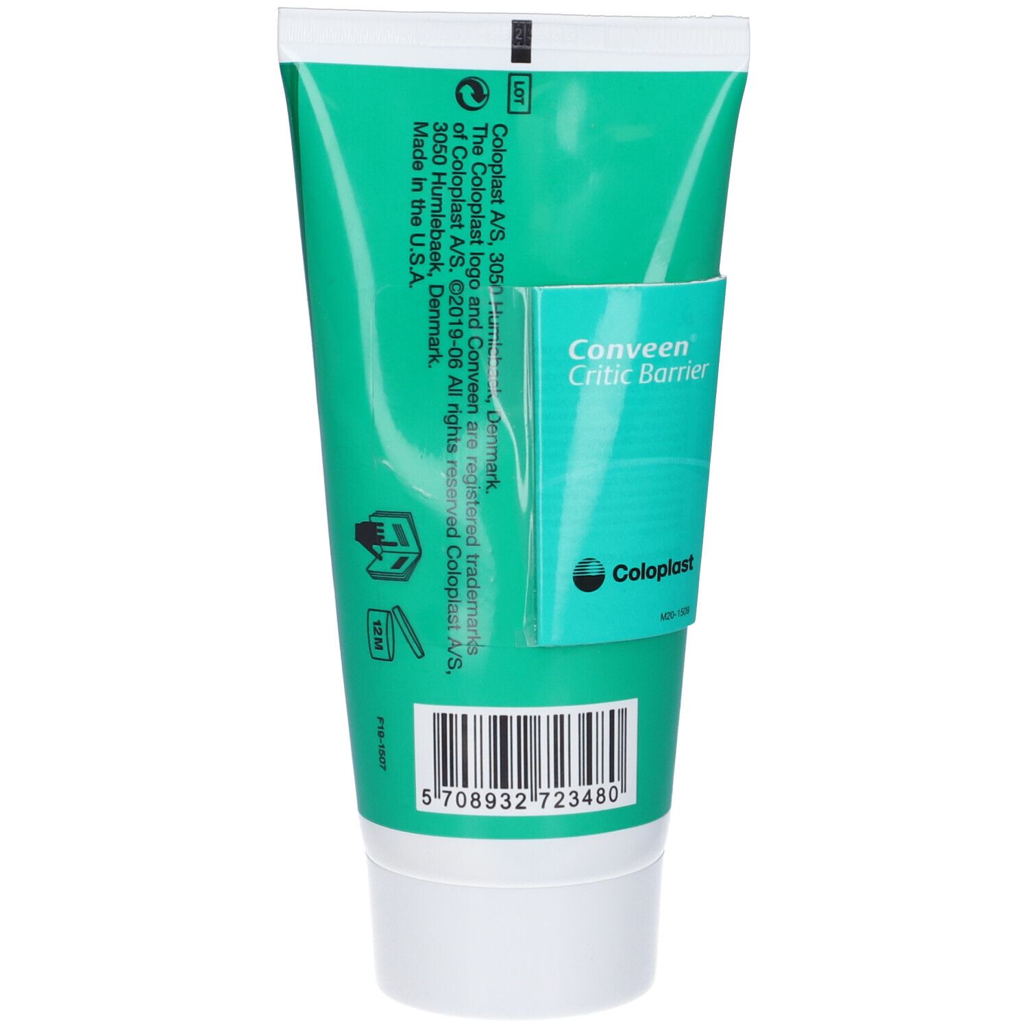 Rückseite der Conveen Critic Barrier Tube mit Produktinformationen und Barcode. 100 g.