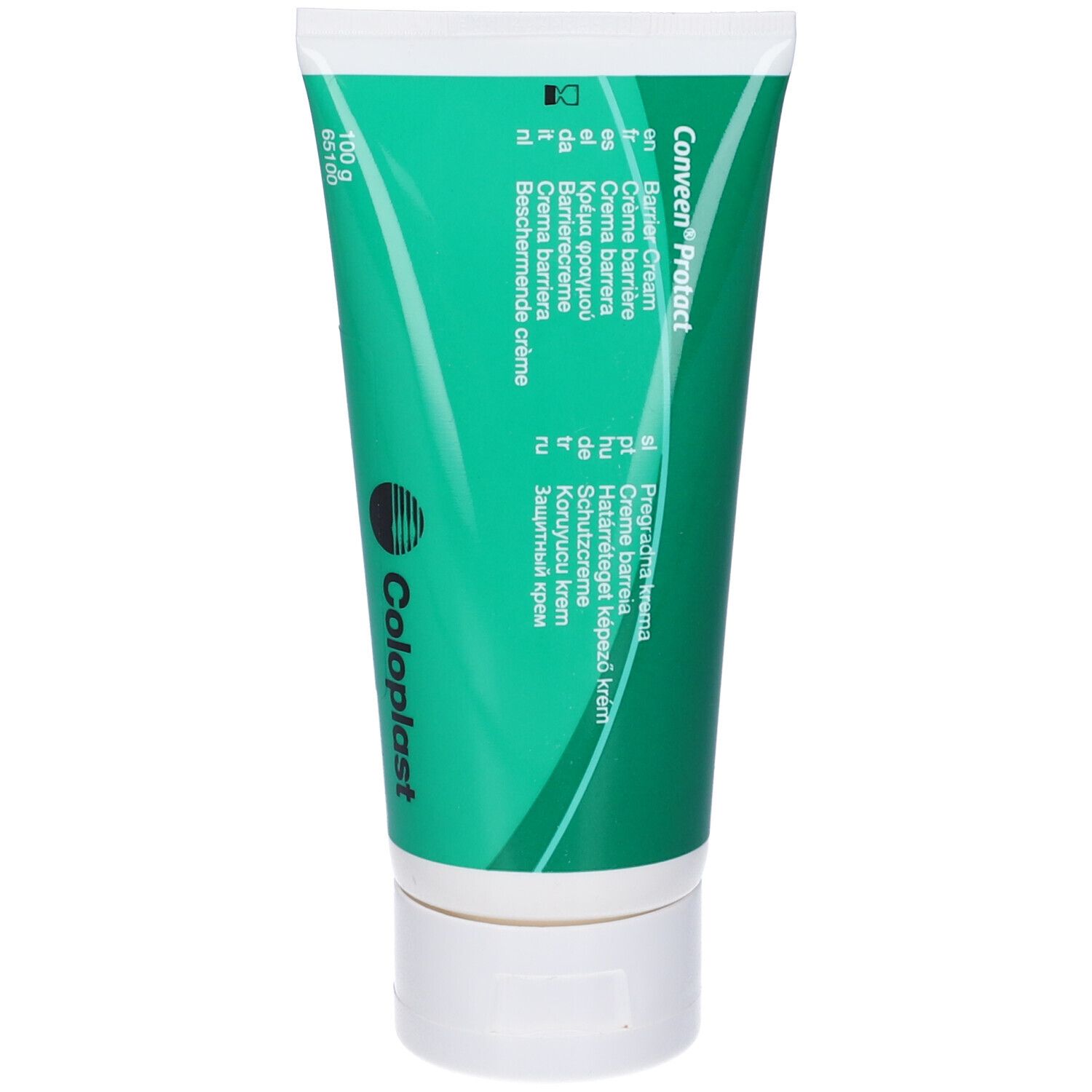Tubo con scritta verde. Testo: Conveen Protact, Coloplast. In alto: 100 g.
