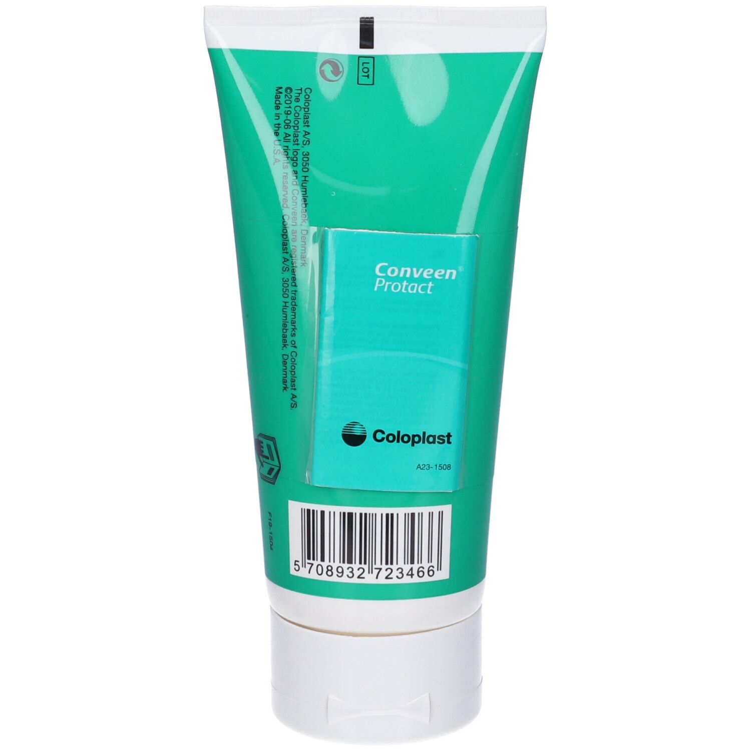 Retro del tubo. Testo: Conveen Protact, Coloplast. Codice a barre e altre informazioni.