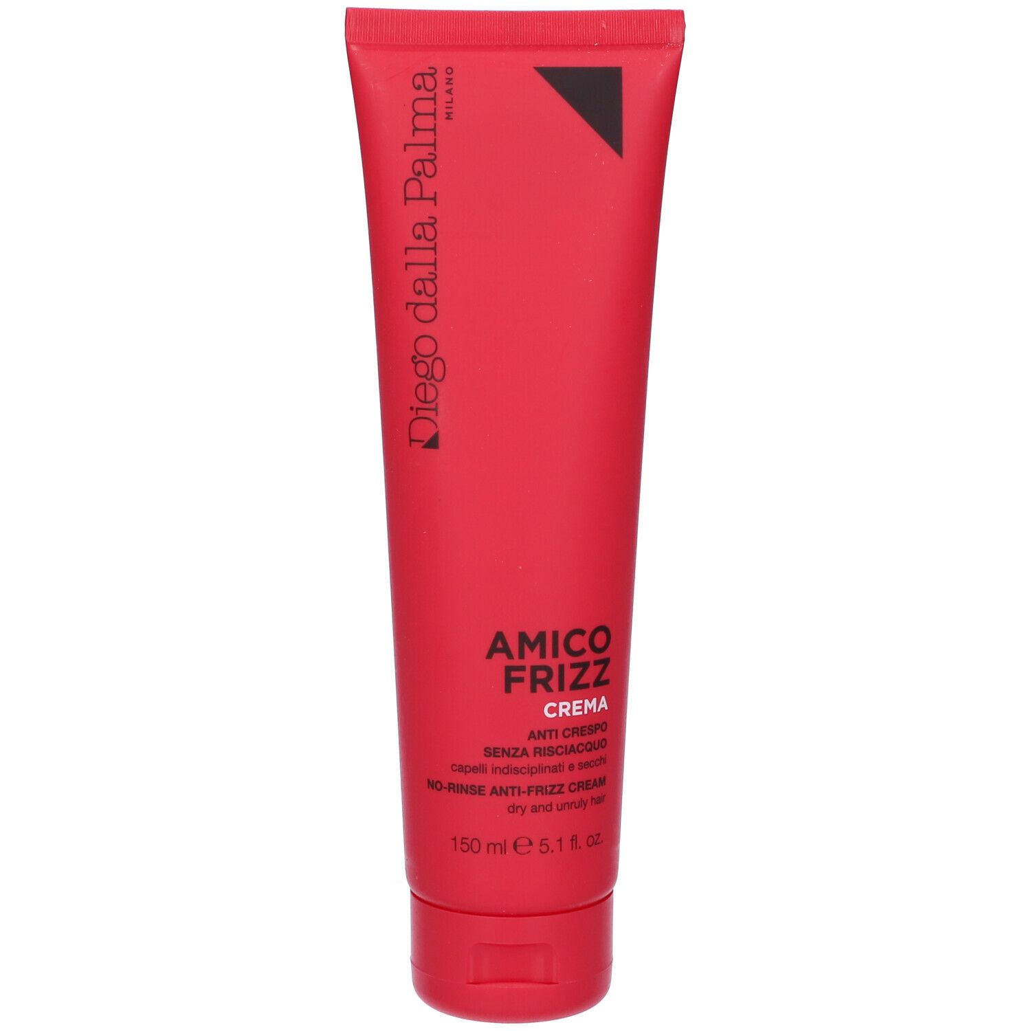 Tubo rosso con testo. "Diego dalla Palma" e "Amico Frizz Crema" sono leggibili. 150 ml.