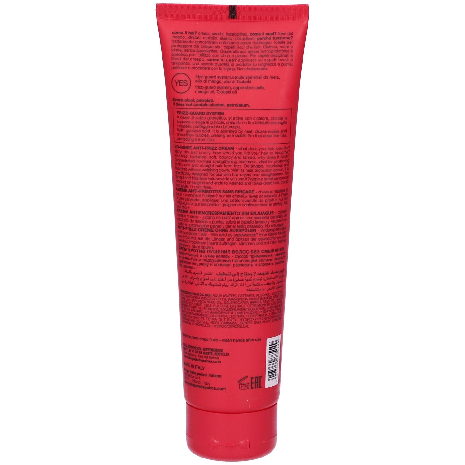 Tubo rosso, retro con testo. Informazioni sul prodotto e codice a barre visibili.