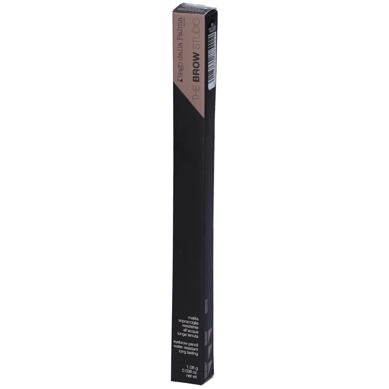 Confezione nera allungata. In alto "Diego dalla Palma" e "THE BROW STUDIO". In basso "eyebrow pencil water resistant long lasting".