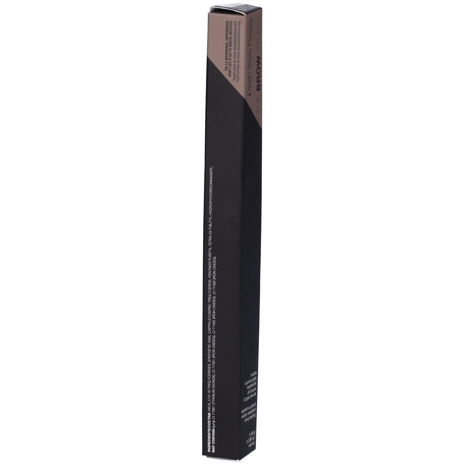 Confezione nera allungata. Sul lato testo, tra cui "eyebrow pencil water resistant long lasting".