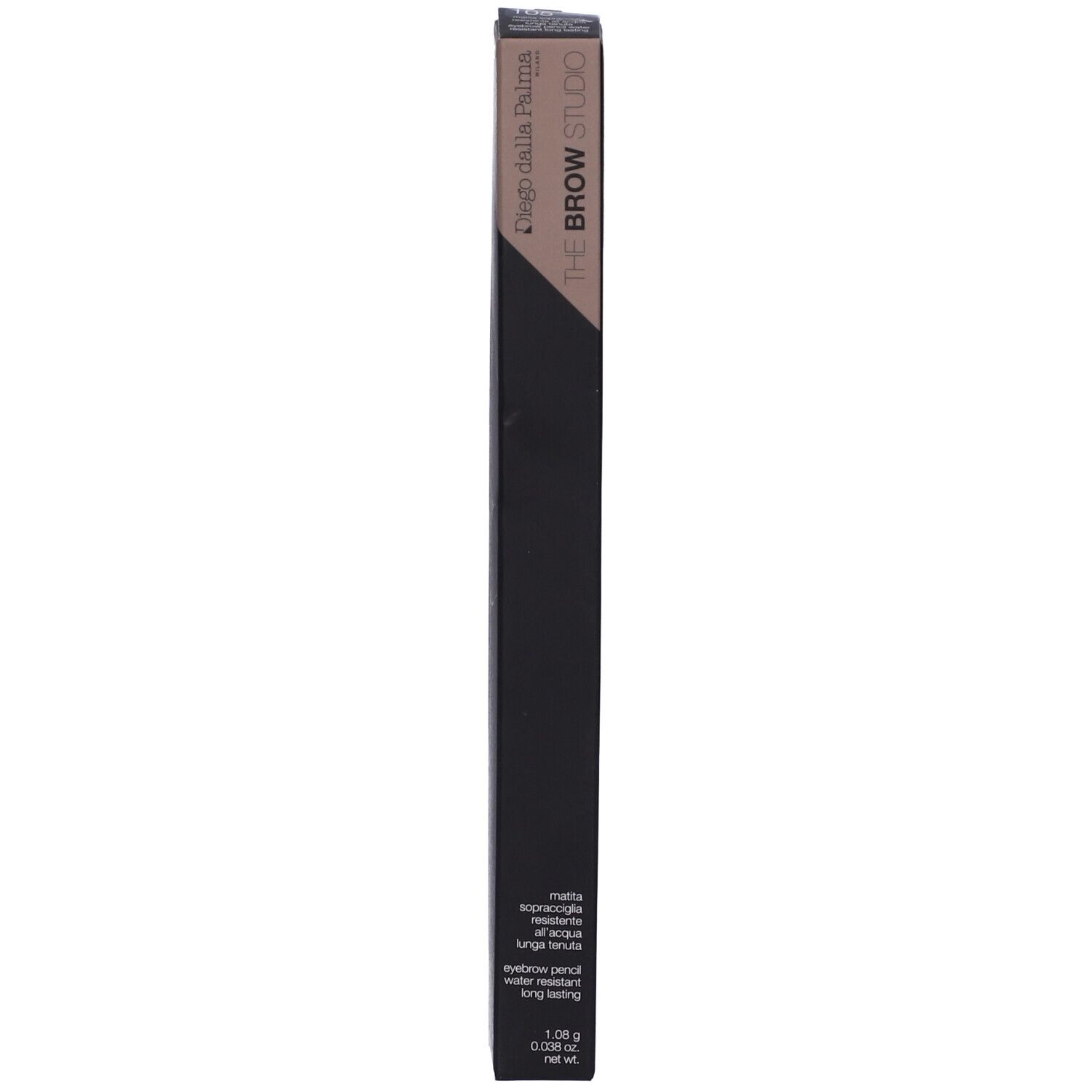 Confezione nera allungata. In alto "Diego dalla Palma" e "THE BROW STUDIO". In basso "eyebrow pencil water resistant long lasting".