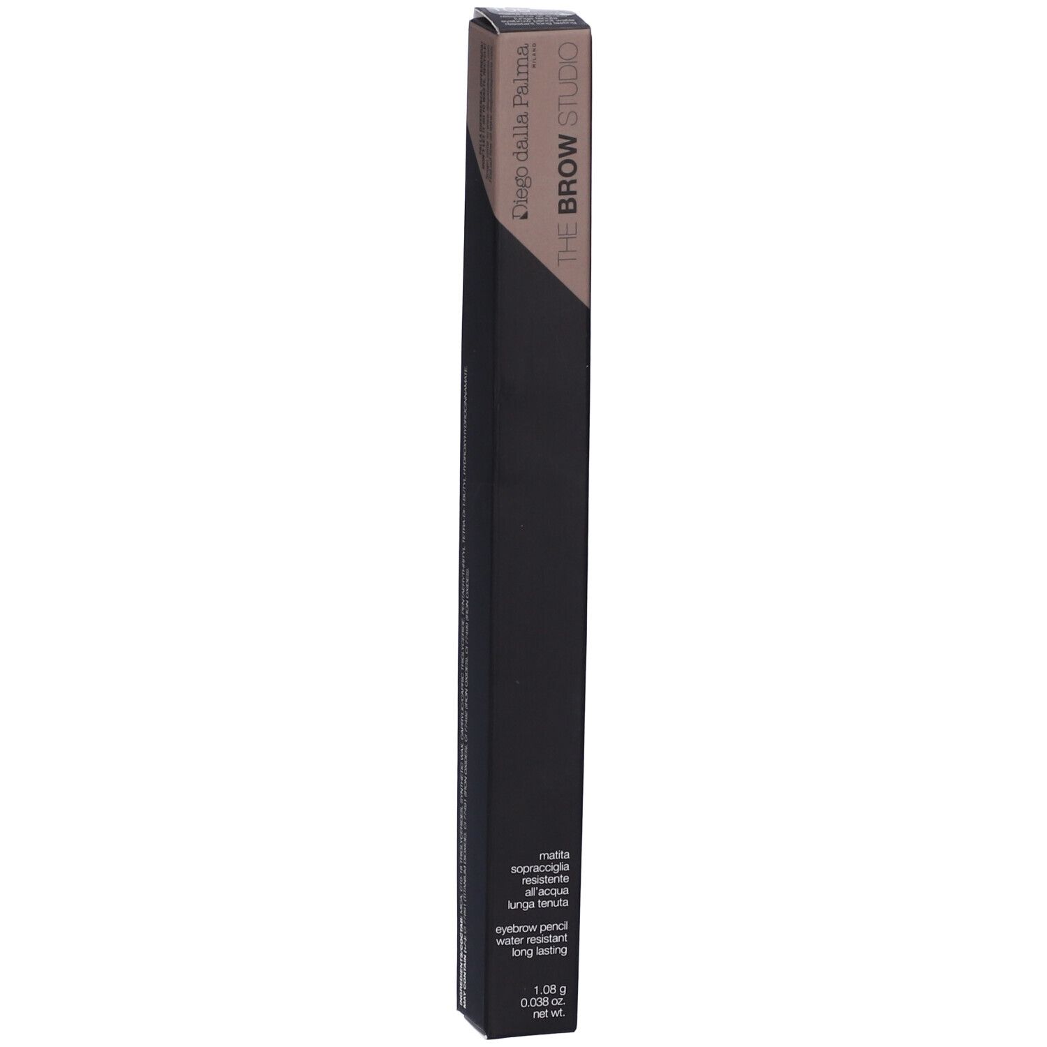 Confezione nera allungata. In alto "Diego dalla Palma" e "THE BROW STUDIO". In basso "eyebrow pencil water resistant long lasting".