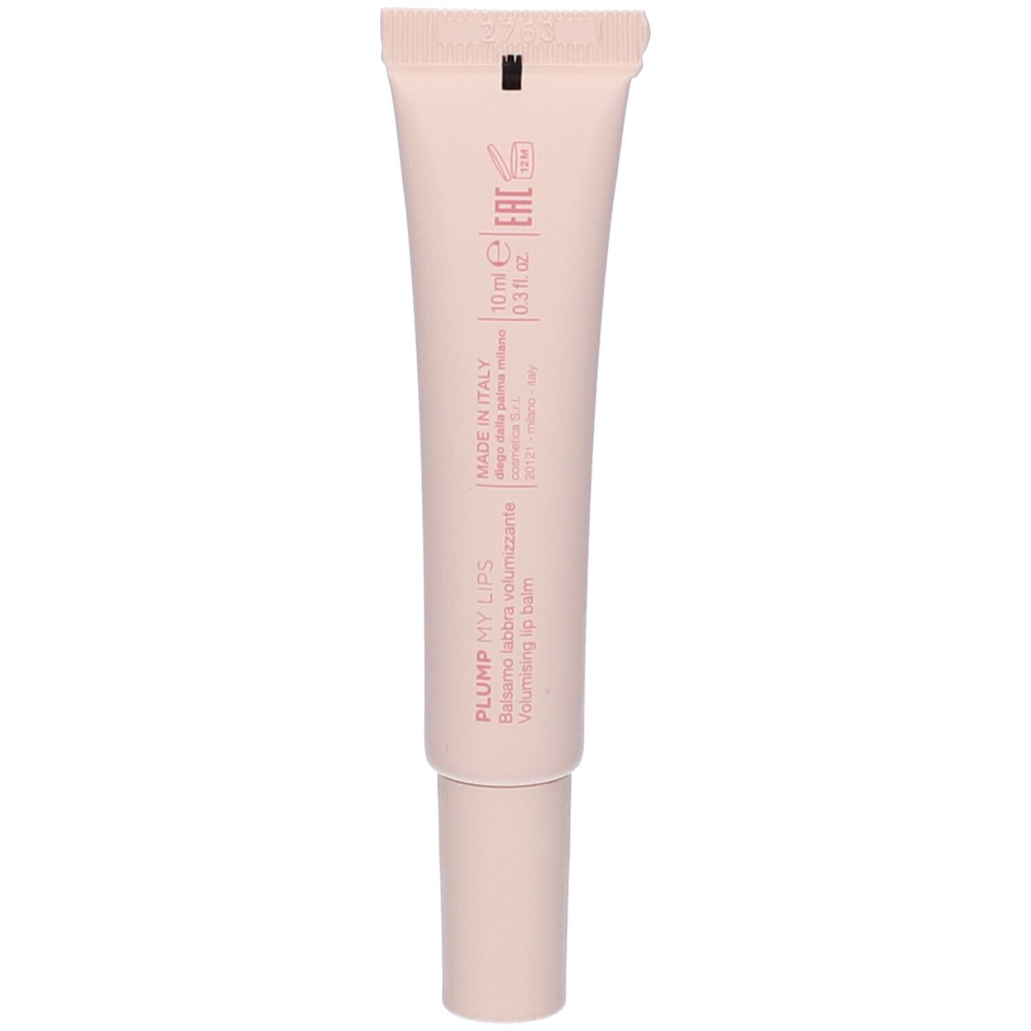 Retro del tubo. Testo: PLUMP MY LIPS, 10 ml, Made in Italy.